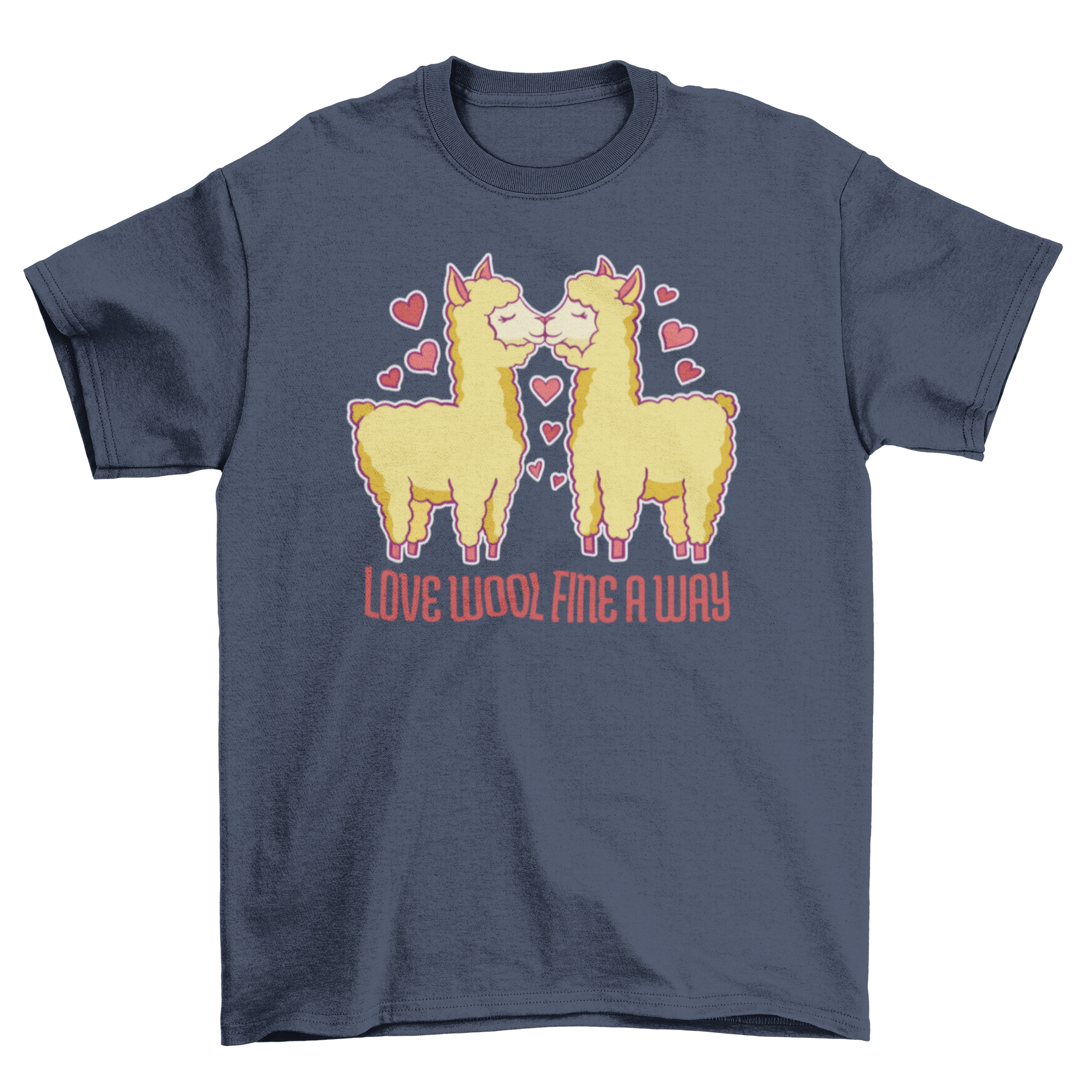 A humorous t-shirt featuring two alpacas kissing with the caption 'Love wool fine a way', perfect for alpaca lovers.