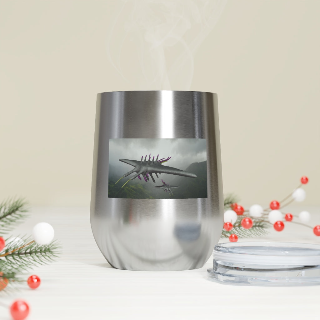 Alpha Creature 12oz Insulated Wine Tumbler with clear lid, showcasing its sleek stainless steel design.