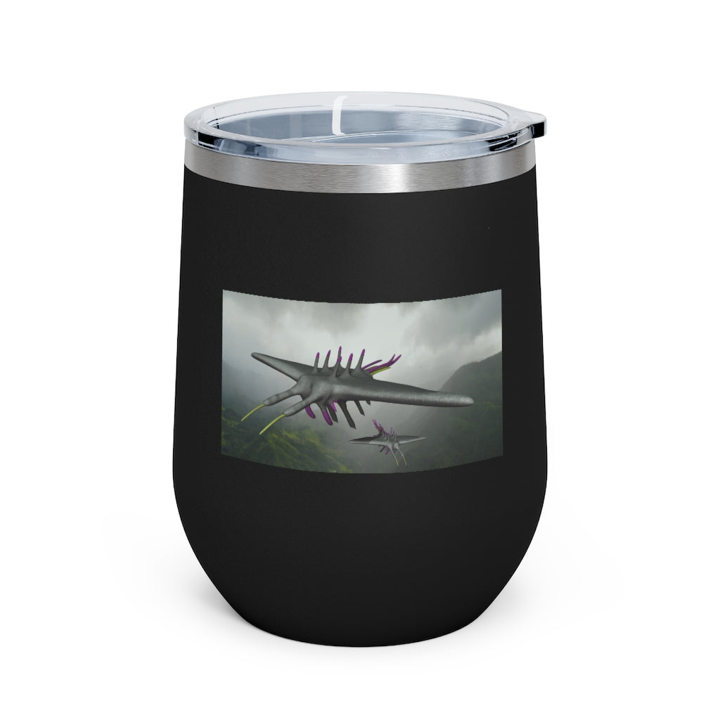 Alpha Creature 12oz Insulated Wine Tumbler with clear lid, showcasing its sleek stainless steel design.