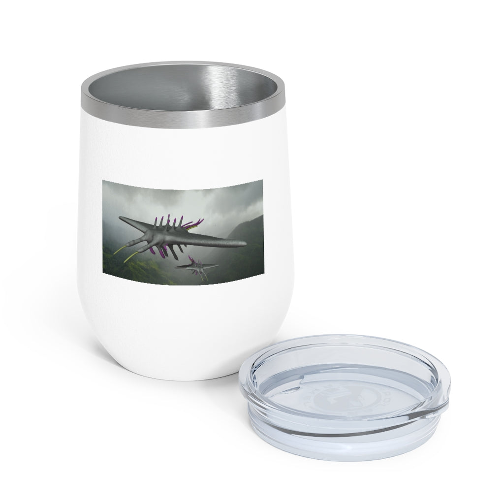 Alpha Creature 12oz Insulated Wine Tumbler with clear lid, showcasing its sleek stainless steel design.