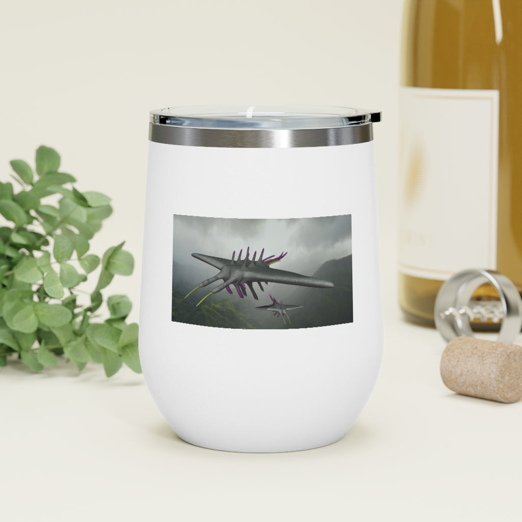 Alpha Creature 12oz Insulated Wine Tumbler with clear lid, showcasing its sleek stainless steel design.
