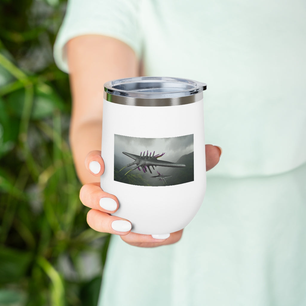 Alpha Creature 12oz Insulated Wine Tumbler with clear lid, showcasing its sleek stainless steel design.