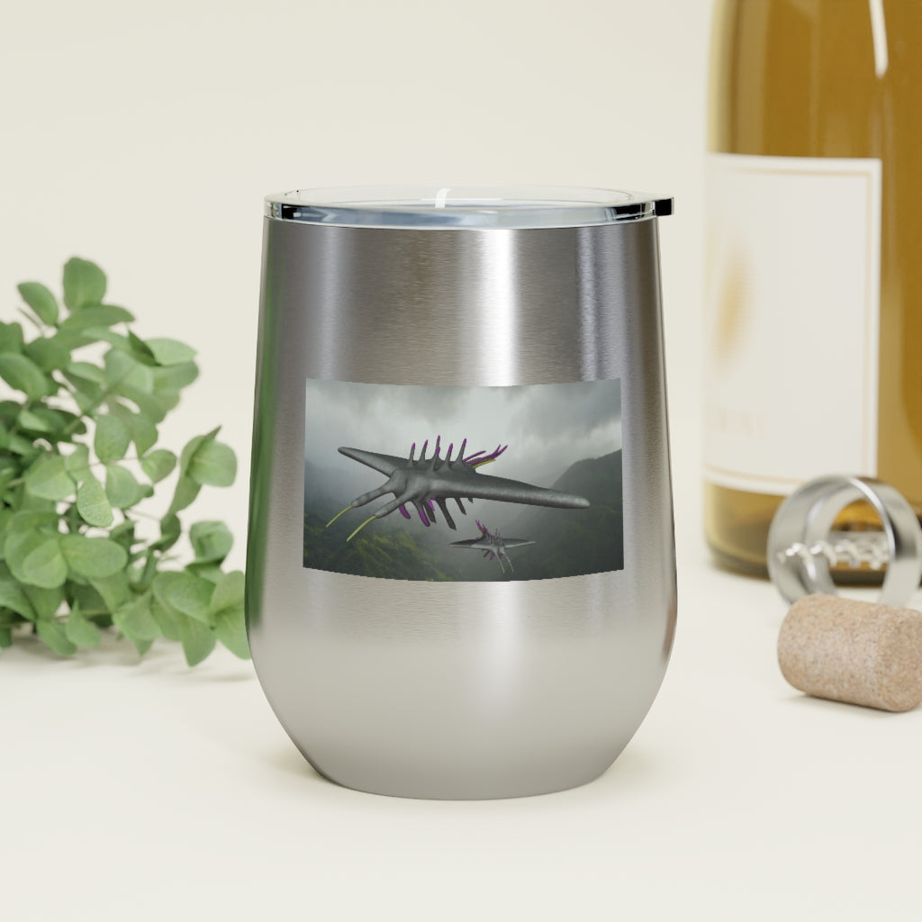 Alpha Creature 12oz Insulated Wine Tumbler with clear lid, showcasing its sleek stainless steel design.