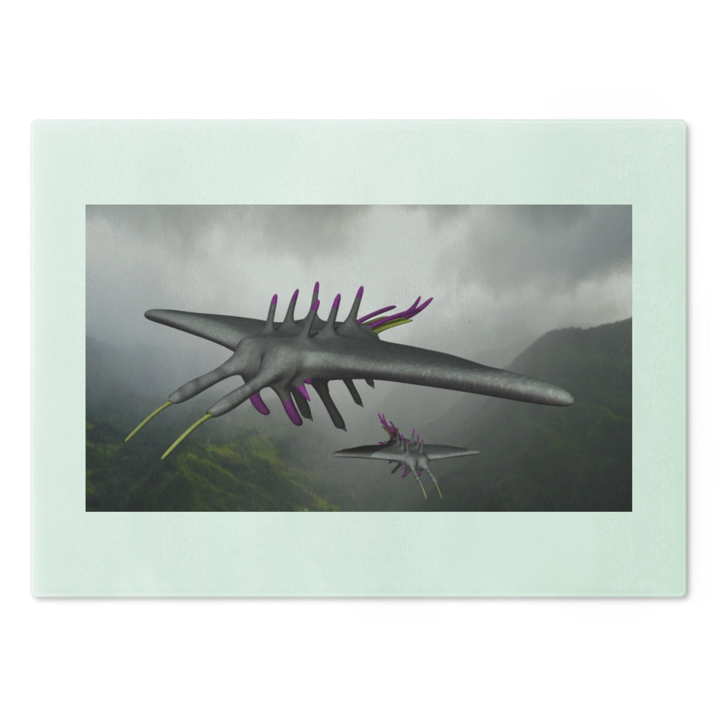 Alpha Creature Cutting Board made of tempered glass with rubber dots for stability, showcasing a unique design.