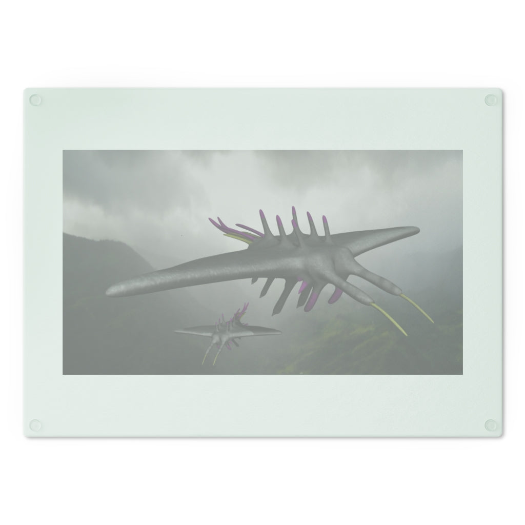 Alpha Creature Cutting Board made of tempered glass with rubber dots for stability, showcasing a unique design.