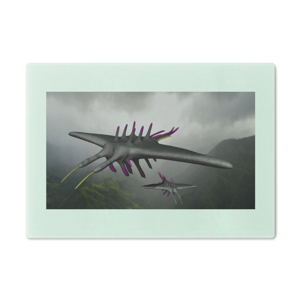 Alpha Creature Cutting Board made of tempered glass with rubber dots for stability, showcasing a unique design.