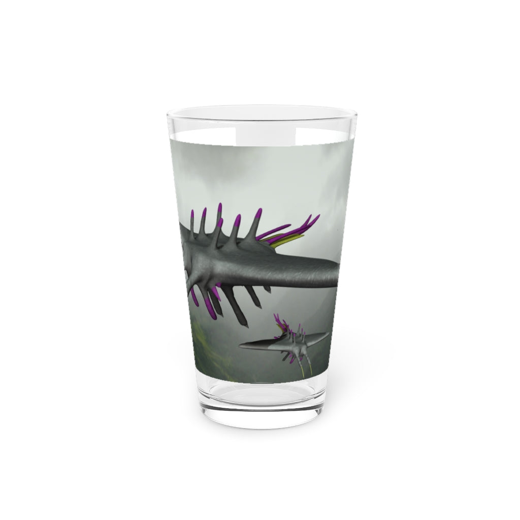 Alpha Creature Pint Glass, 16oz, clear glass with custom printing options, perfect for beverages.