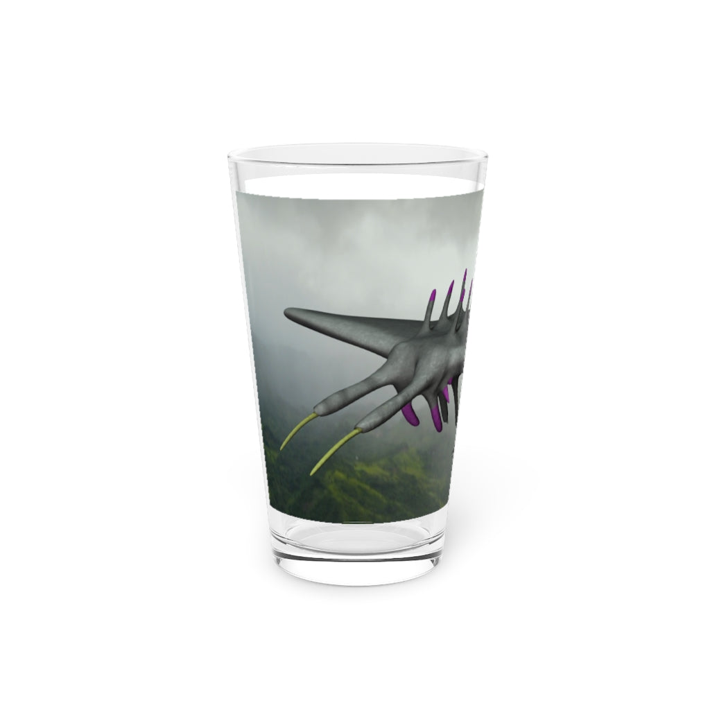 Alpha Creature Pint Glass, 16oz, clear glass with custom printing options, perfect for beverages.