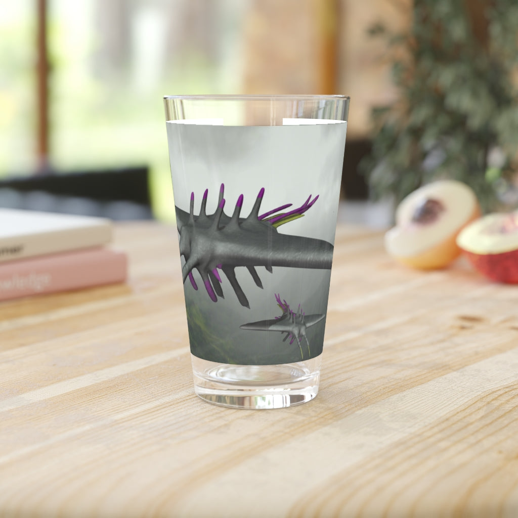 Alpha Creature Pint Glass, 16oz, clear glass with custom printing options, perfect for beverages.