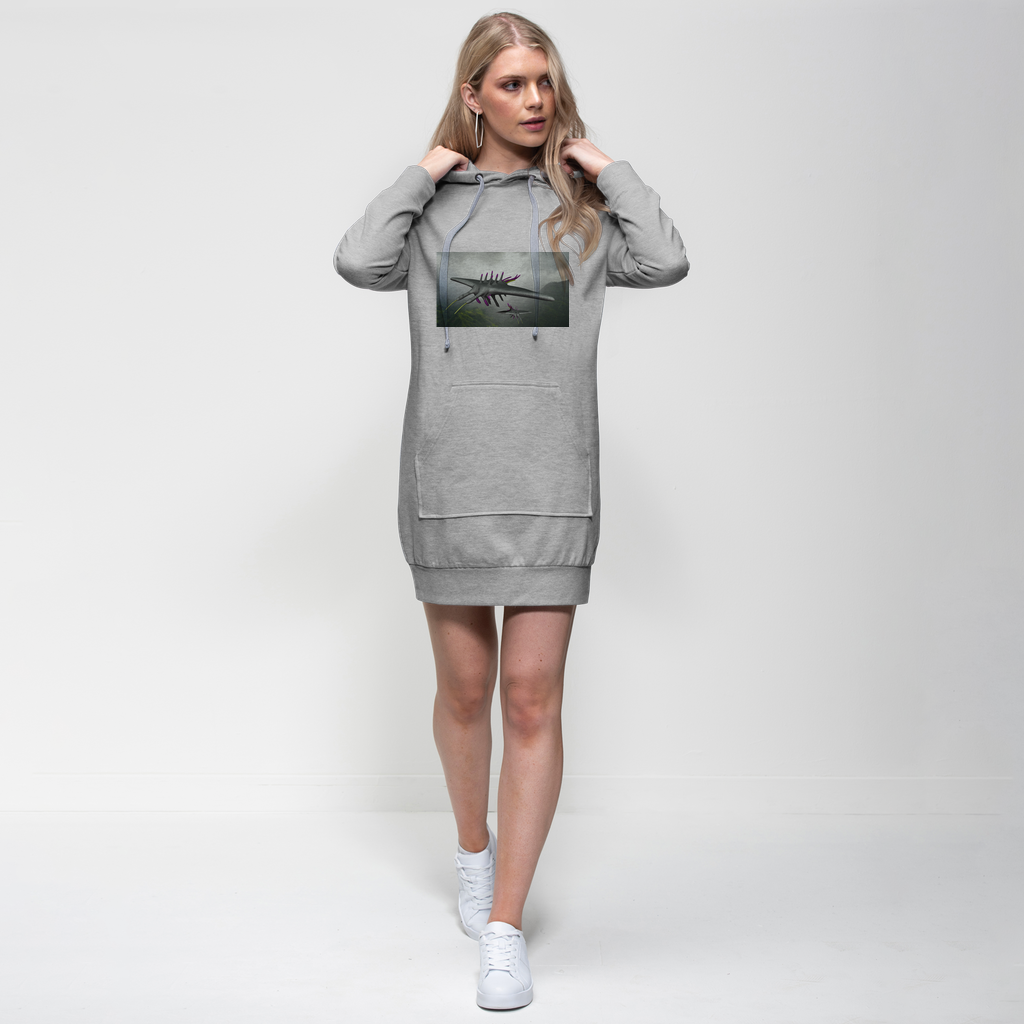 Alpha Creature Premium Adult Hoodie Dress in various colors, featuring a hood, full-length sleeves, and a kangaroo pouch pocket.