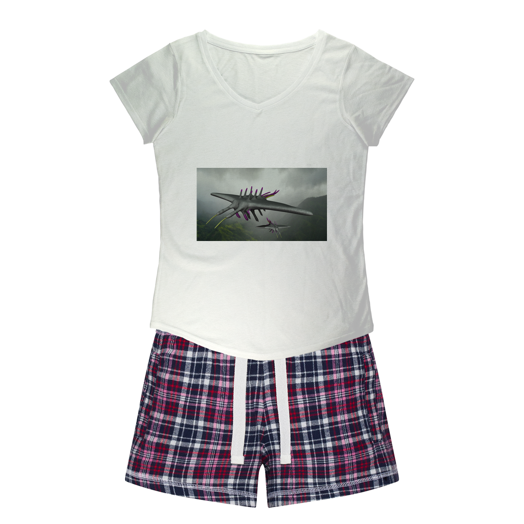 Alpha Creature Women's Sleepy Tee and Flannel Short set featuring a relaxed fit T-shirt and vibrant flannel shorts, perfect for cozy nights.