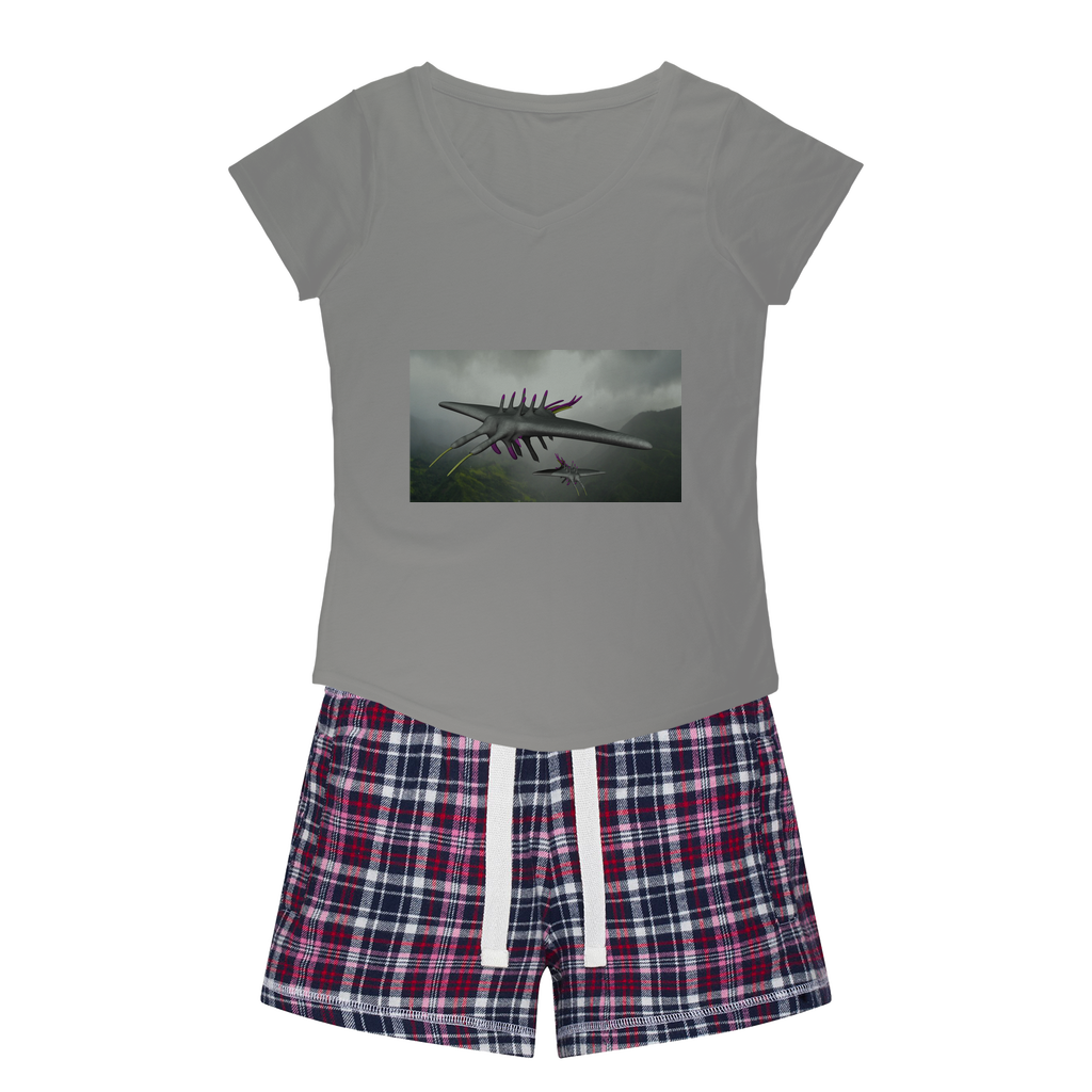 Alpha Creature Women's Sleepy Tee and Flannel Short set featuring a relaxed fit T-shirt and vibrant flannel shorts, perfect for cozy nights.