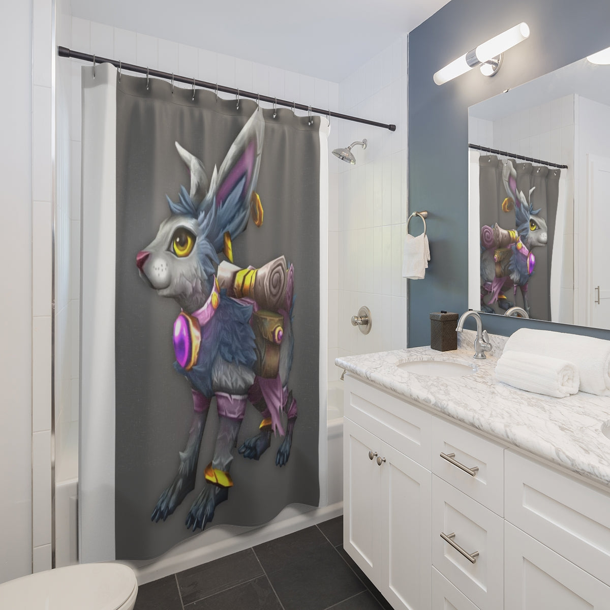 Amara the Wandering Companion Shower Curtain featuring vibrant designs on durable polyester fabric, perfect for bathroom decor.