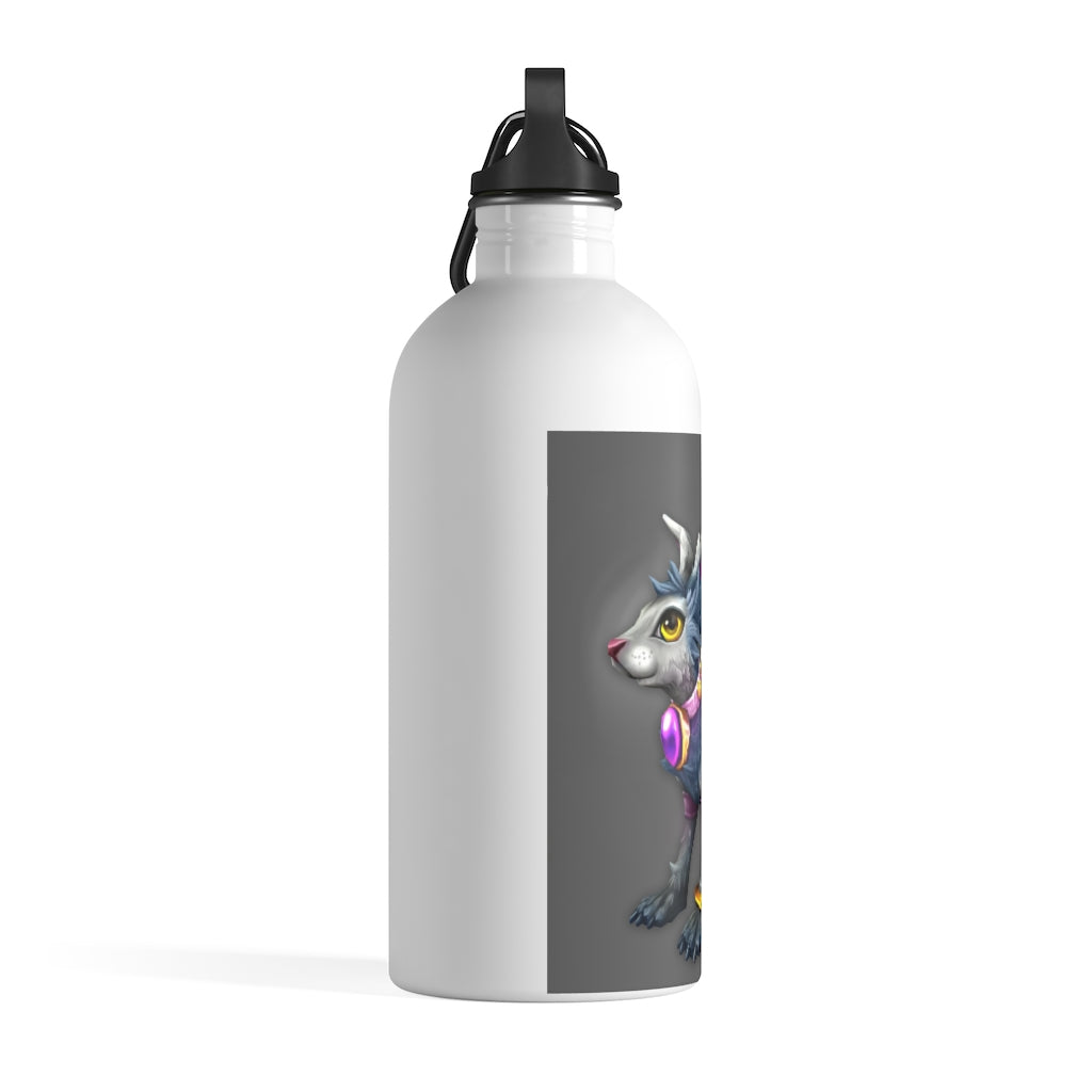 Amara the Wandering Mara Companion Stainless Steel Water Bottle with a plastic screw top and carabiner, showcasing its sleek design.