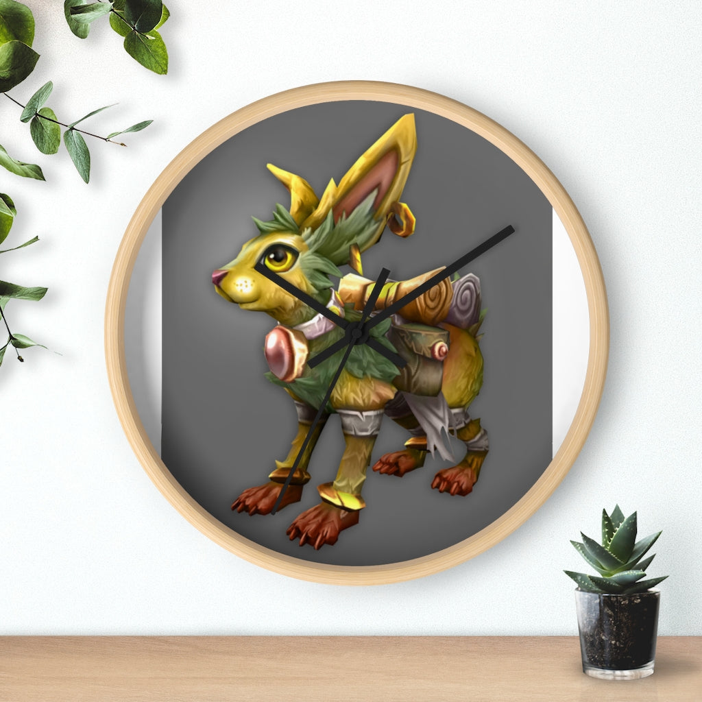 Amara the Wandering Mara Companion Wall Clock featuring a wooden frame and plexiglass face, showcasing a whimsical design.
