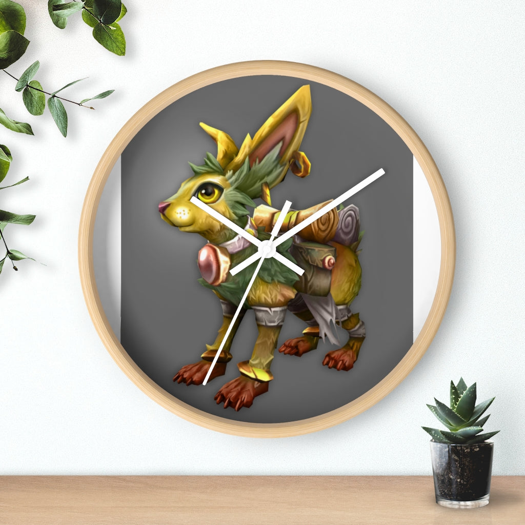 Amara the Wandering Mara Companion Wall Clock featuring a wooden frame and plexiglass face, showcasing a whimsical design.