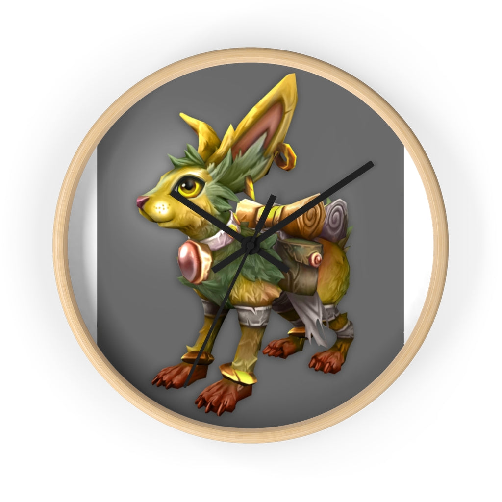 Amara the Wandering Mara Companion Wall Clock featuring a wooden frame and plexiglass face, showcasing a whimsical design.