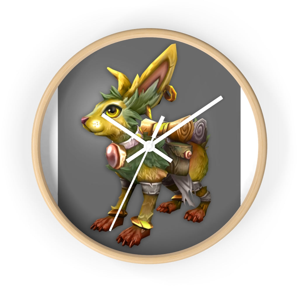 Amara the Wandering Mara Companion Wall Clock featuring a wooden frame and plexiglass face, showcasing a whimsical design.