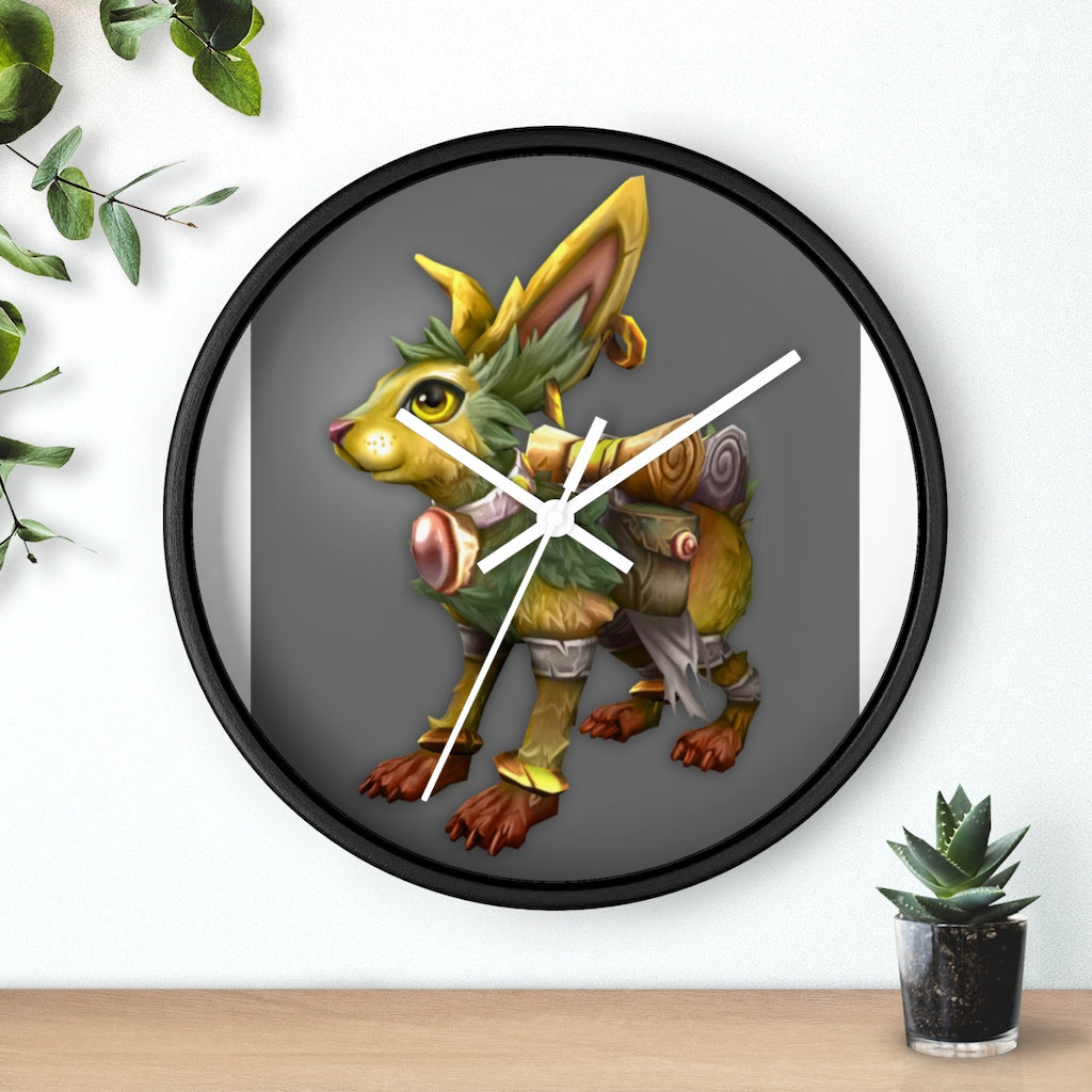 Amara the Wandering Mara Companion Wall Clock featuring a wooden frame and plexiglass face, showcasing a whimsical design.