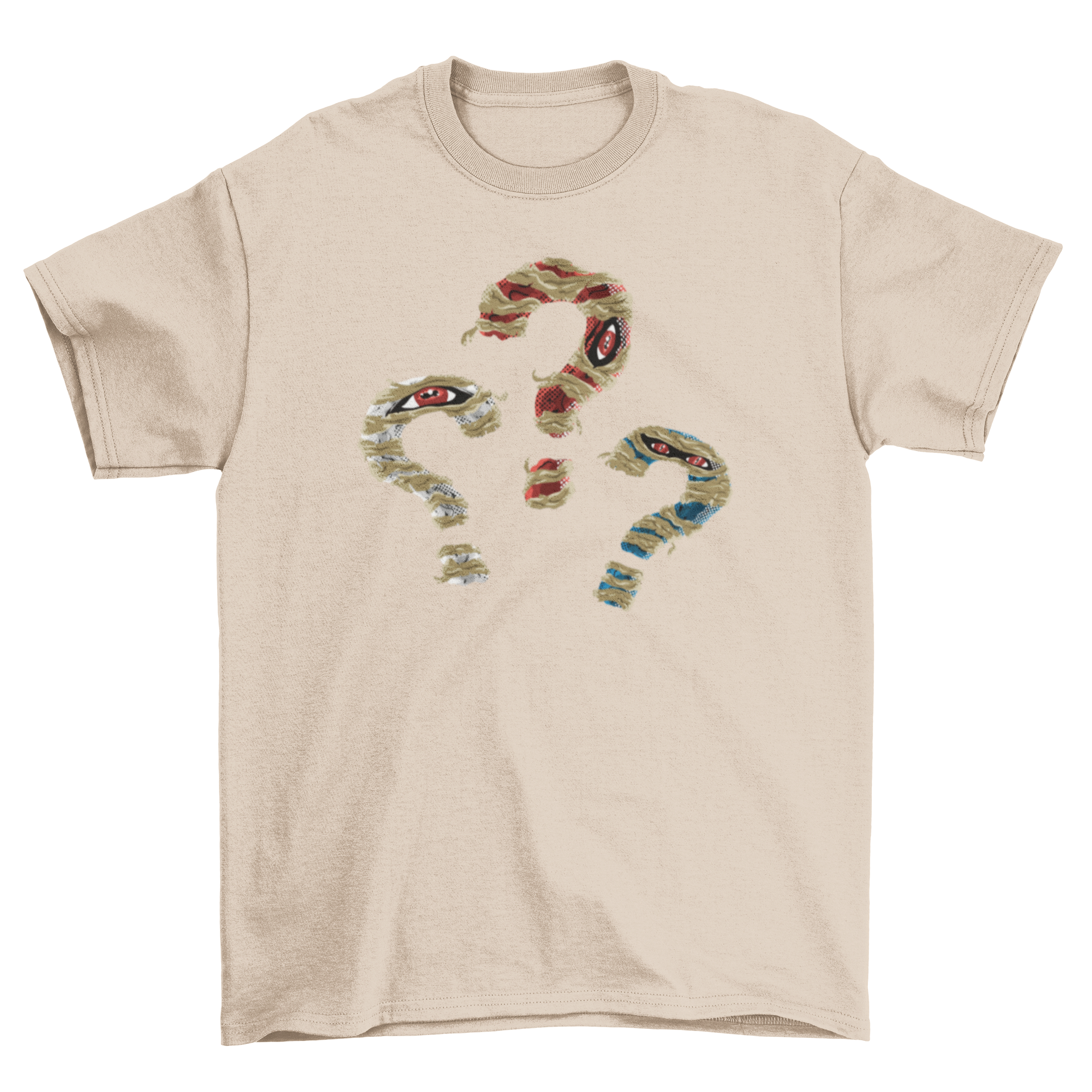 Amazing t-shirt featuring three mummy question marks design, perfect for Halloween and casual wear.