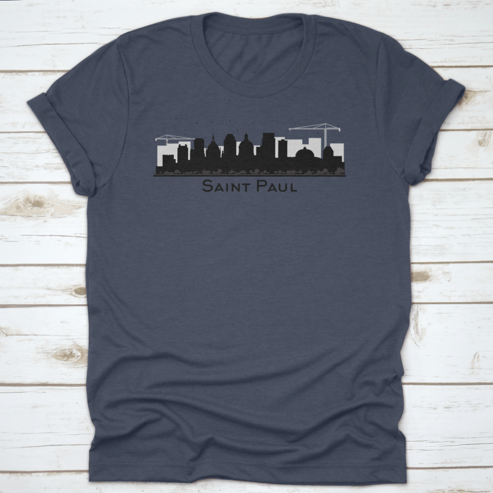 A stylish black t-shirt featuring the silhouette of the Saint Paul Minnesota city skyline, showcasing iconic buildings.