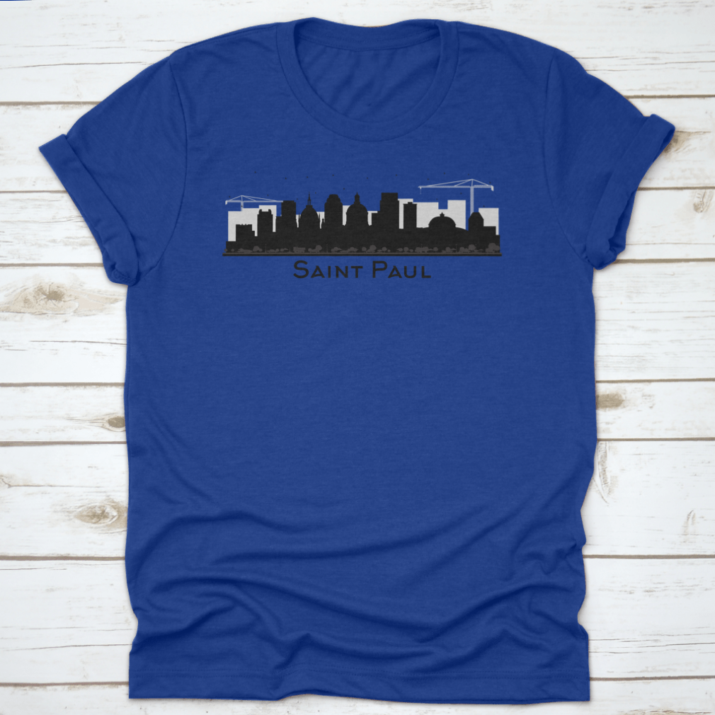 A stylish black t-shirt featuring the silhouette of the Saint Paul Minnesota city skyline, showcasing iconic buildings.