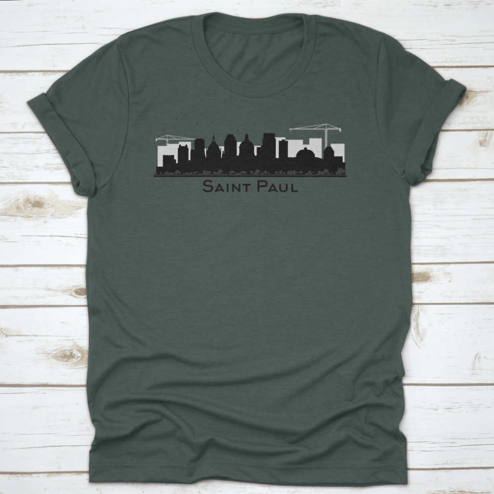 A stylish black t-shirt featuring the silhouette of the Saint Paul Minnesota city skyline, showcasing iconic buildings.