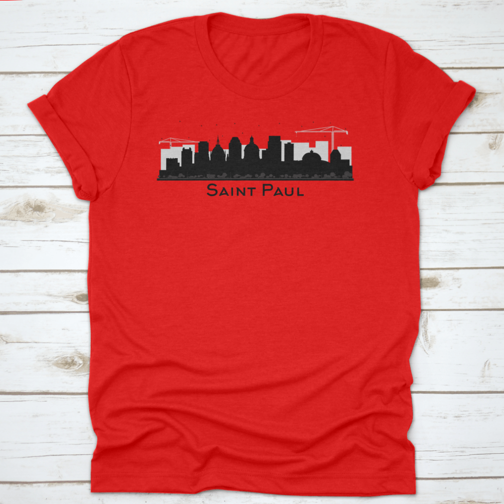 A stylish black t-shirt featuring the silhouette of the Saint Paul Minnesota city skyline, showcasing iconic buildings.