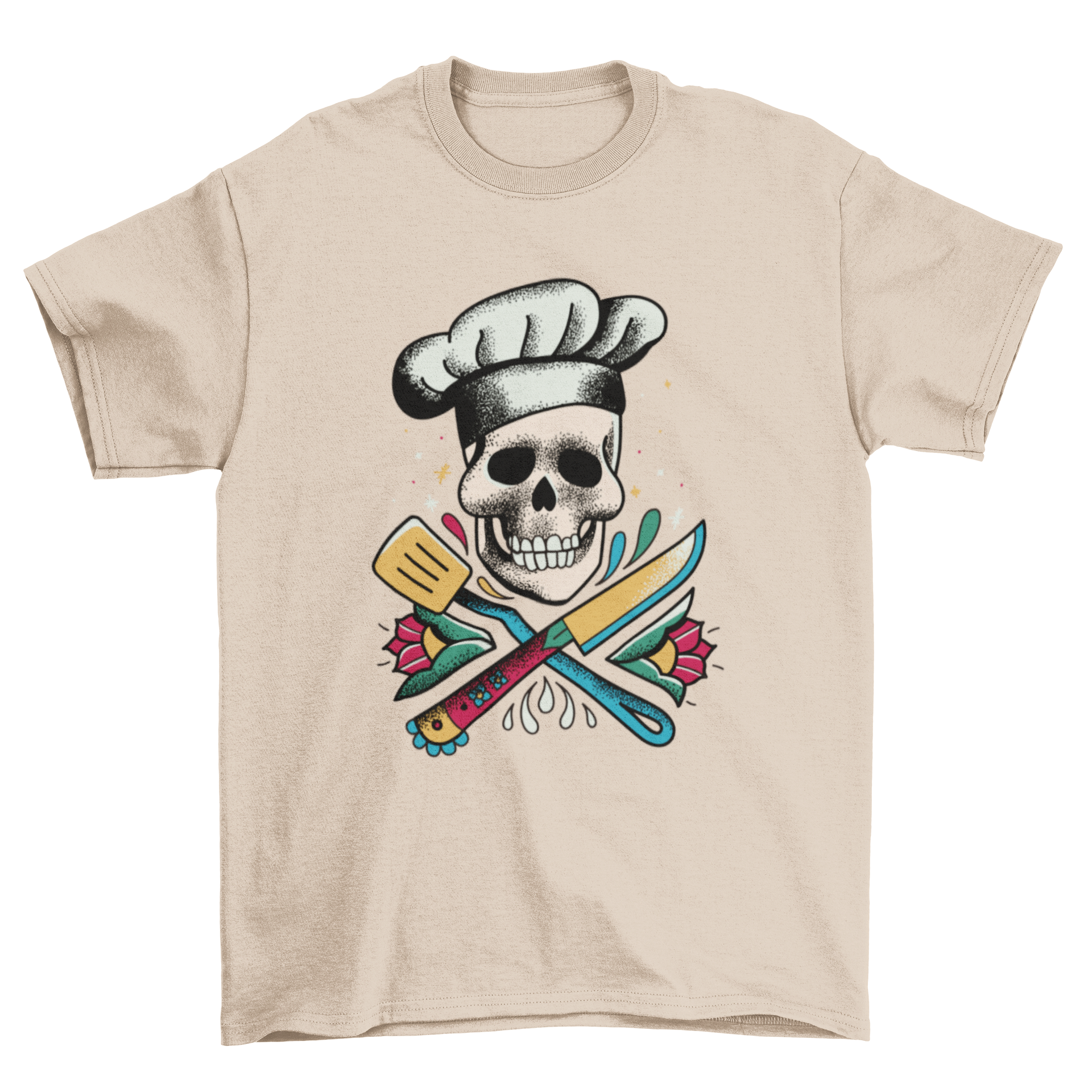 A vibrant t-shirt design featuring a colorful skull with a knife and spatula, symbolizing culinary creativity.