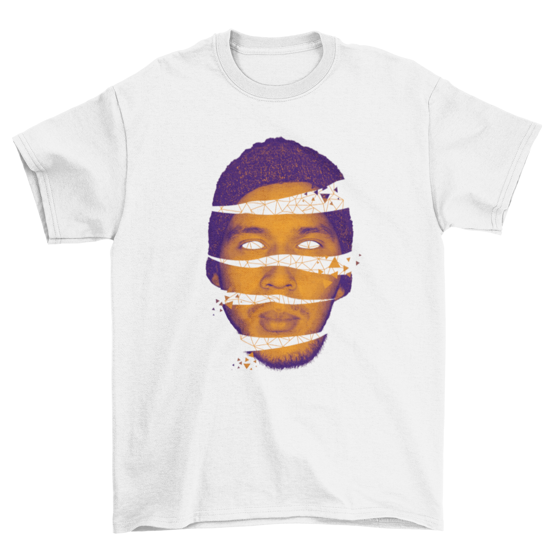 A stylish t-shirt featuring an Open Head Creative abstract design, showcasing vibrant colors and artistic elements.