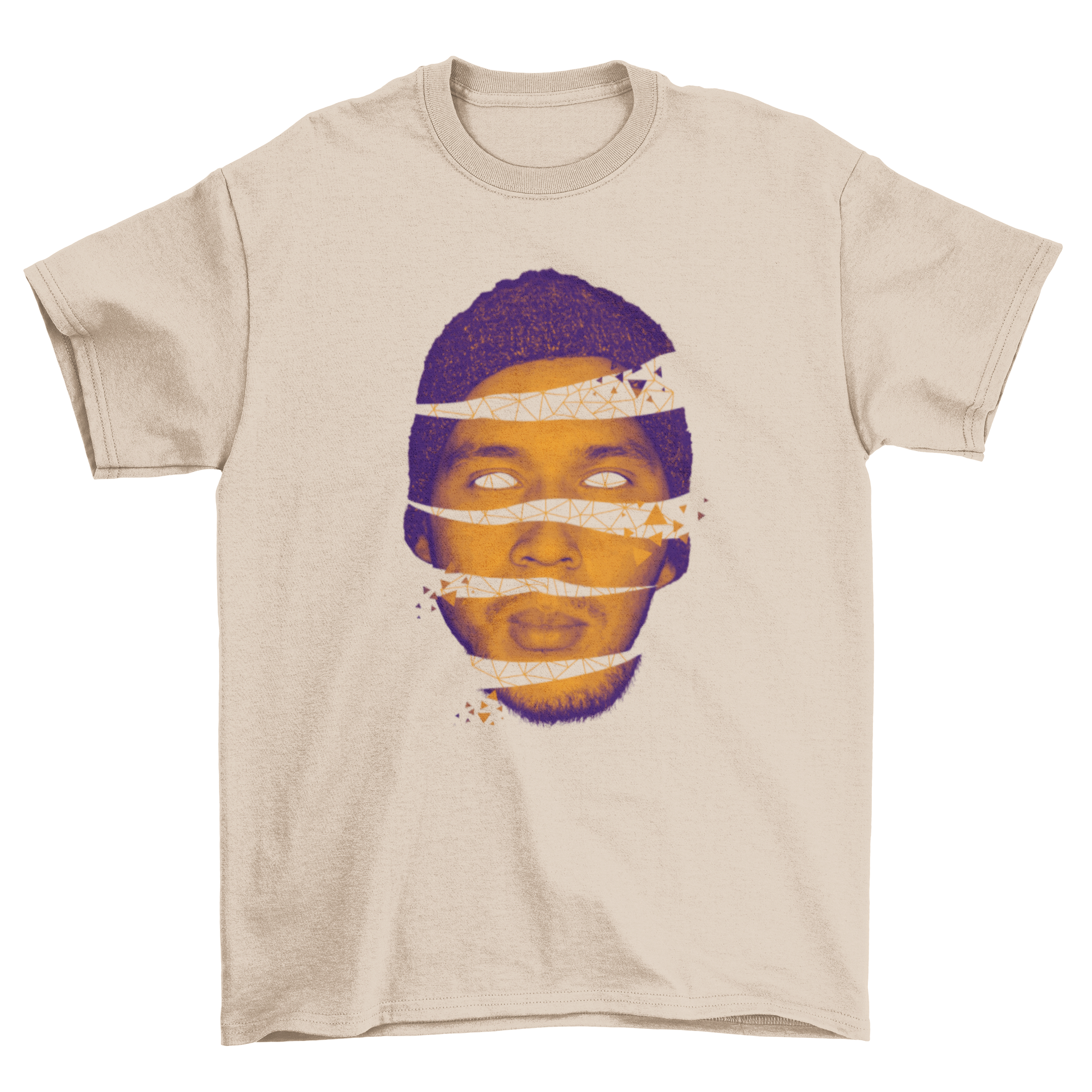 A stylish t-shirt featuring an Open Head Creative abstract design, showcasing vibrant colors and artistic elements.