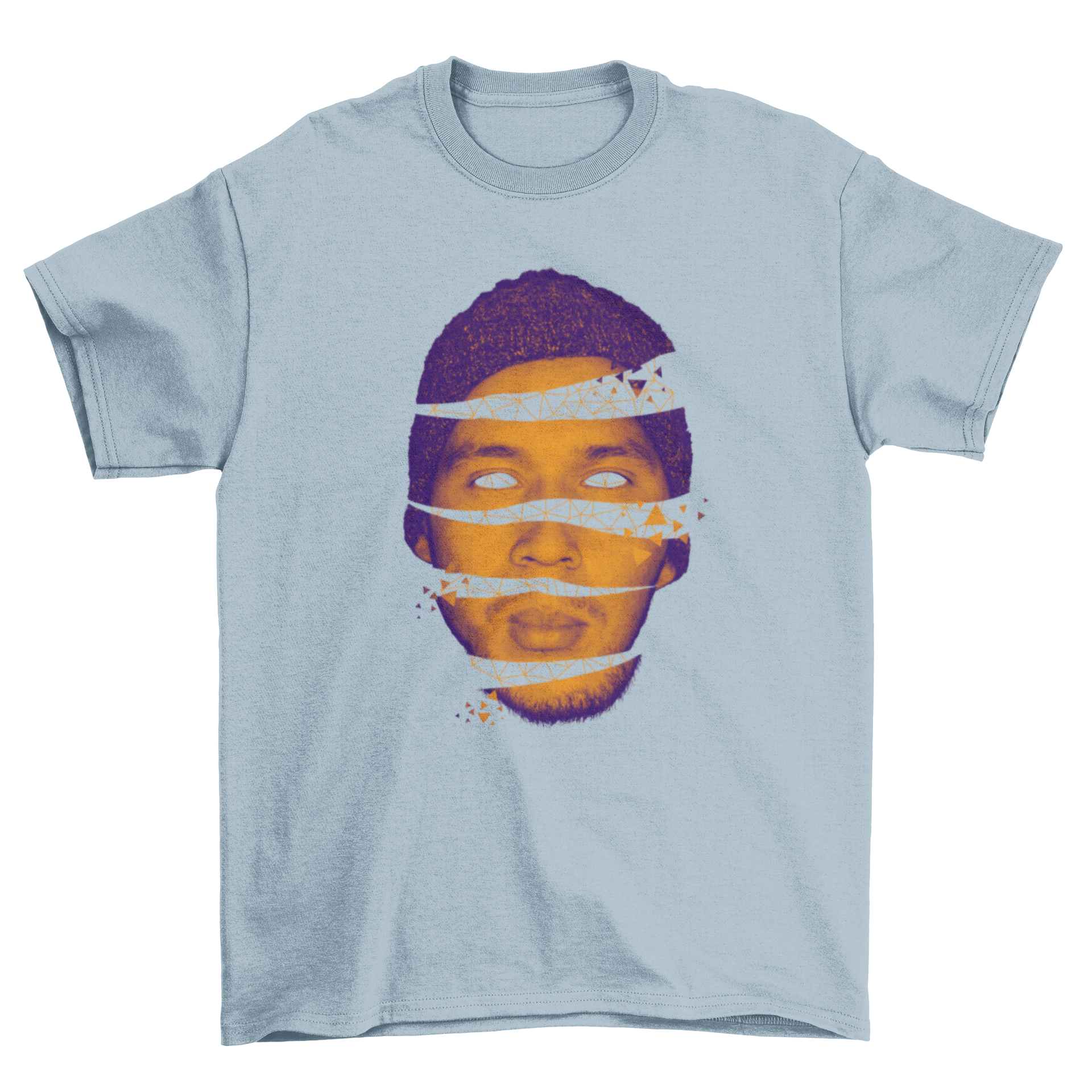 A stylish t-shirt featuring an Open Head Creative abstract design, showcasing vibrant colors and artistic elements.