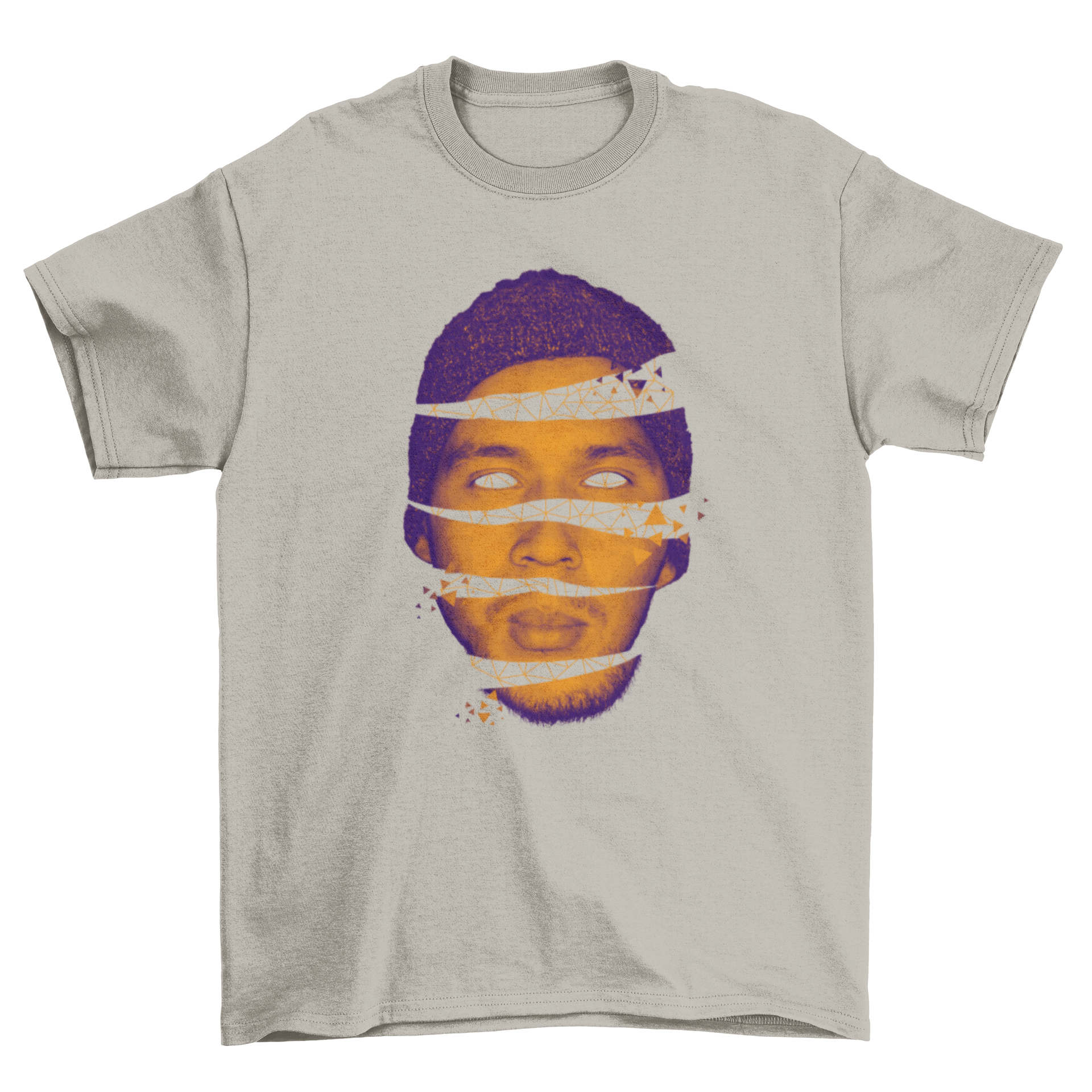 A stylish t-shirt featuring an Open Head Creative abstract design, showcasing vibrant colors and artistic elements.