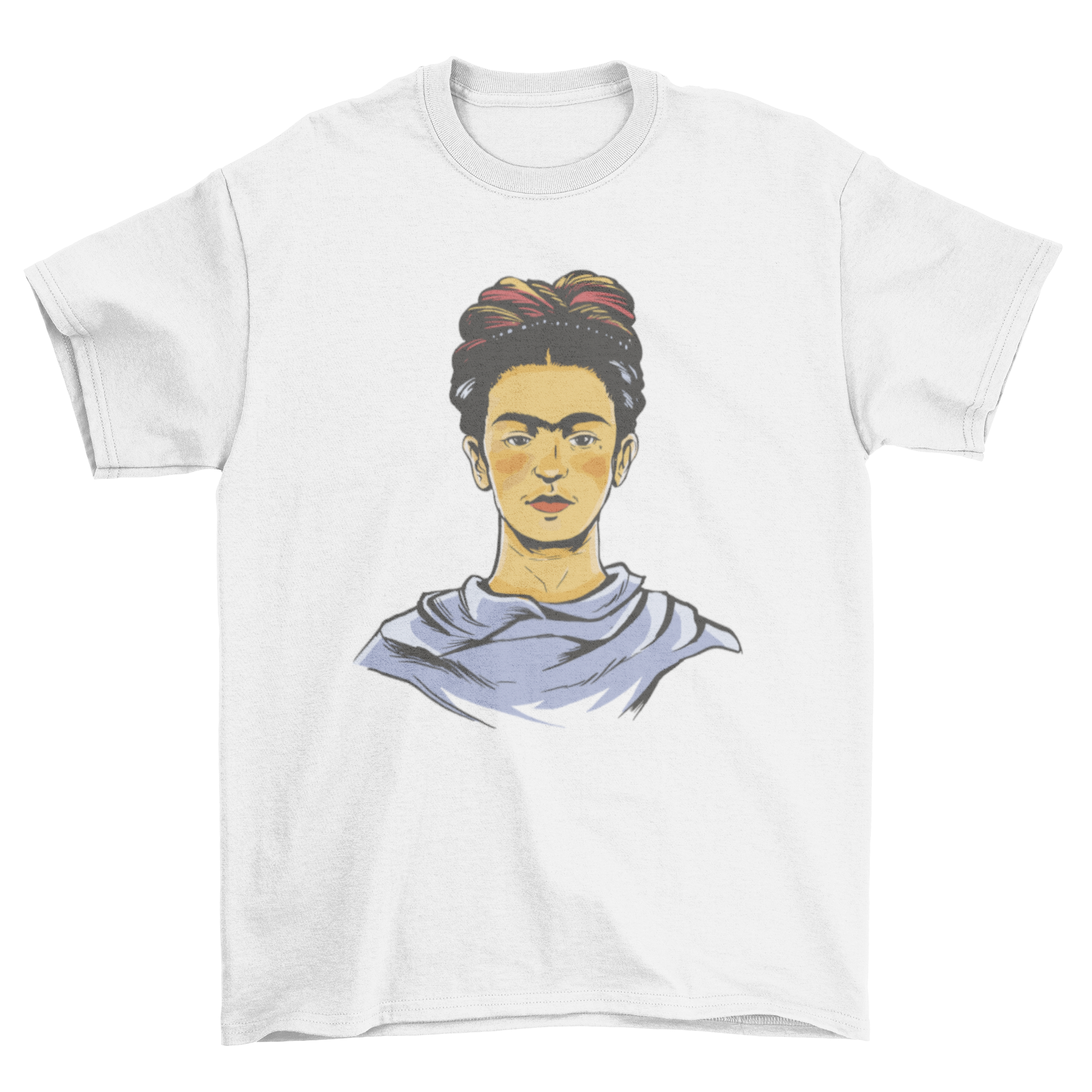 A stylish t-shirt featuring a vibrant portrait of Frida Kahlo, showcasing her iconic look and artistic flair.