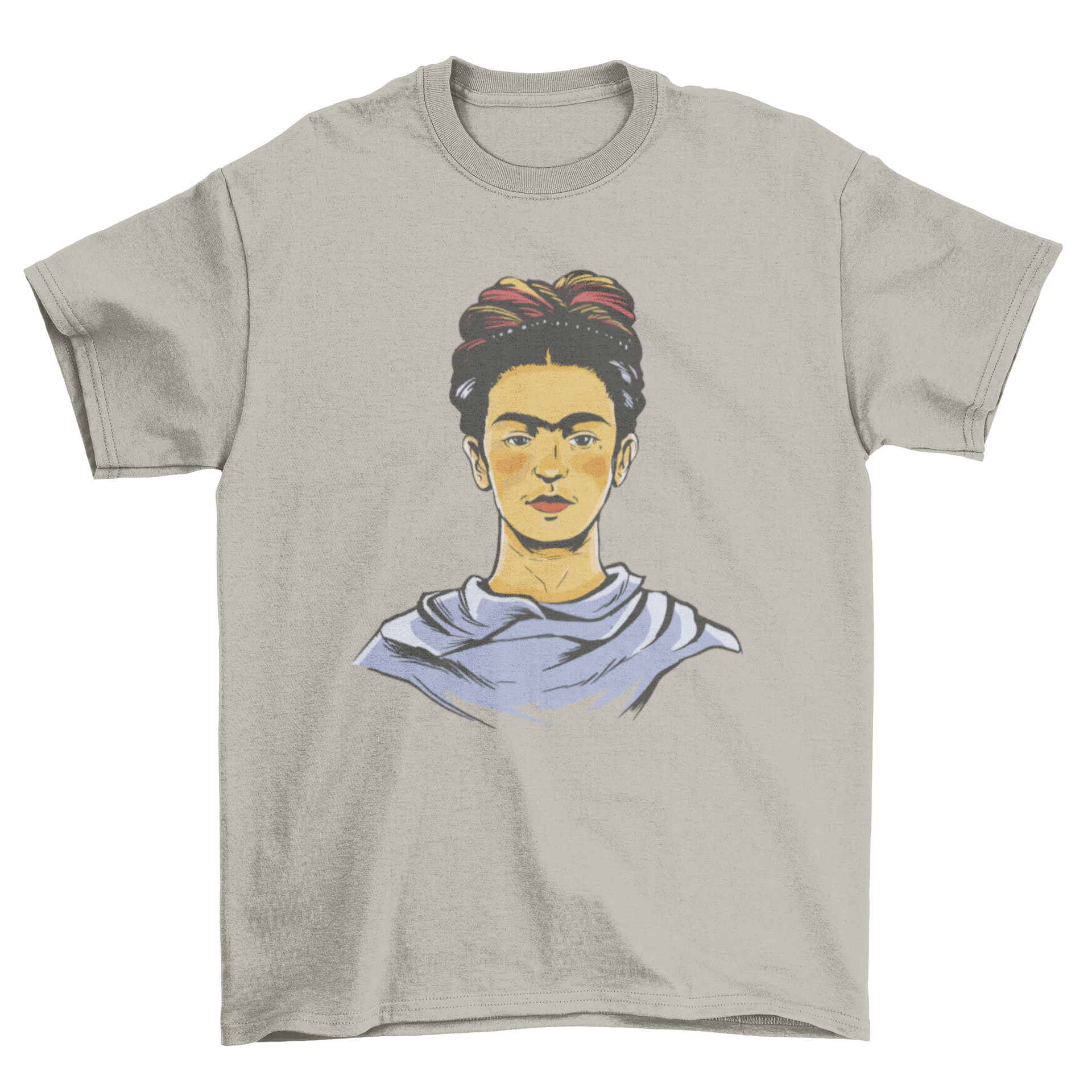A stylish t-shirt featuring a vibrant portrait of Frida Kahlo, showcasing her iconic look and artistic flair.