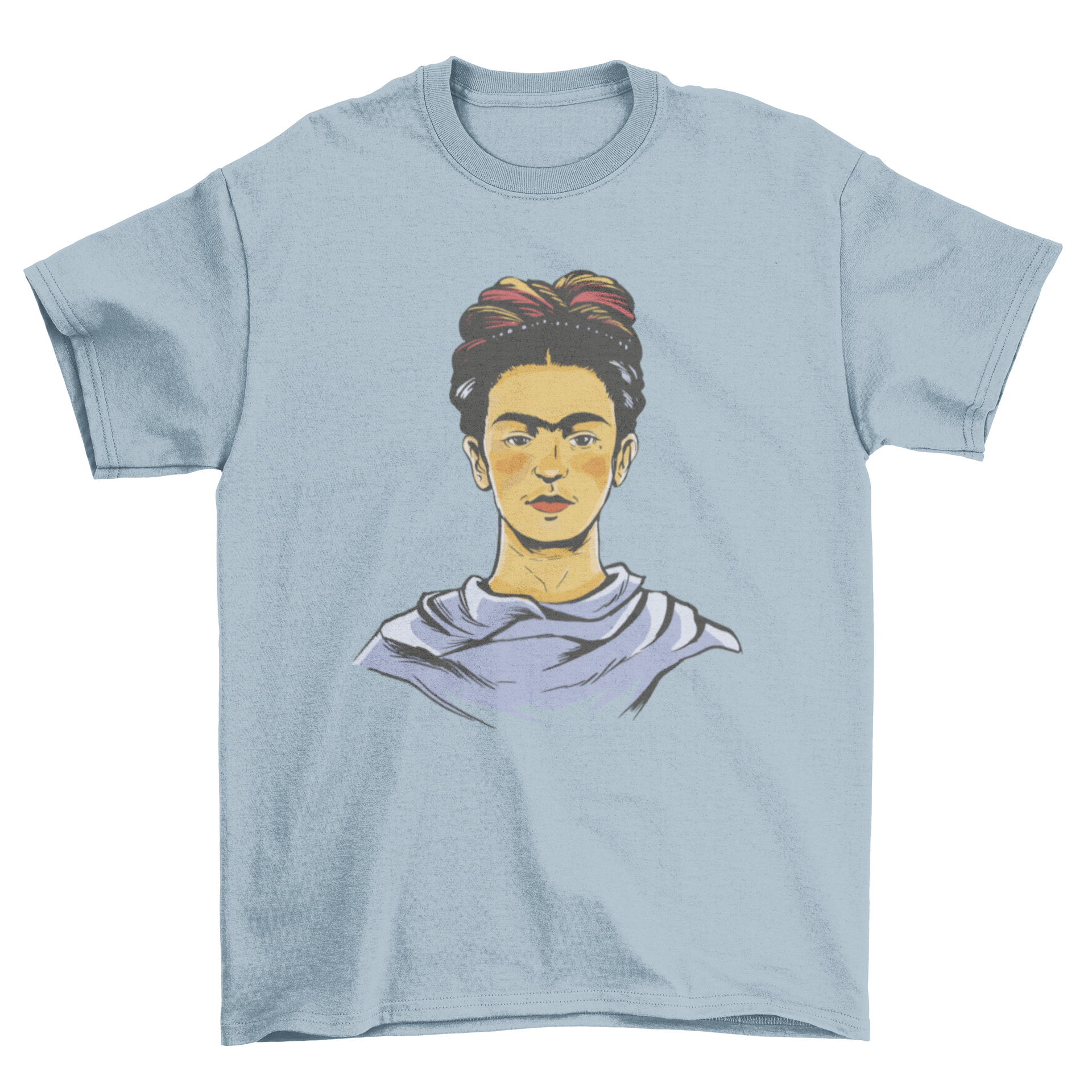 A stylish t-shirt featuring a vibrant portrait of Frida Kahlo, showcasing her iconic look and artistic flair.
