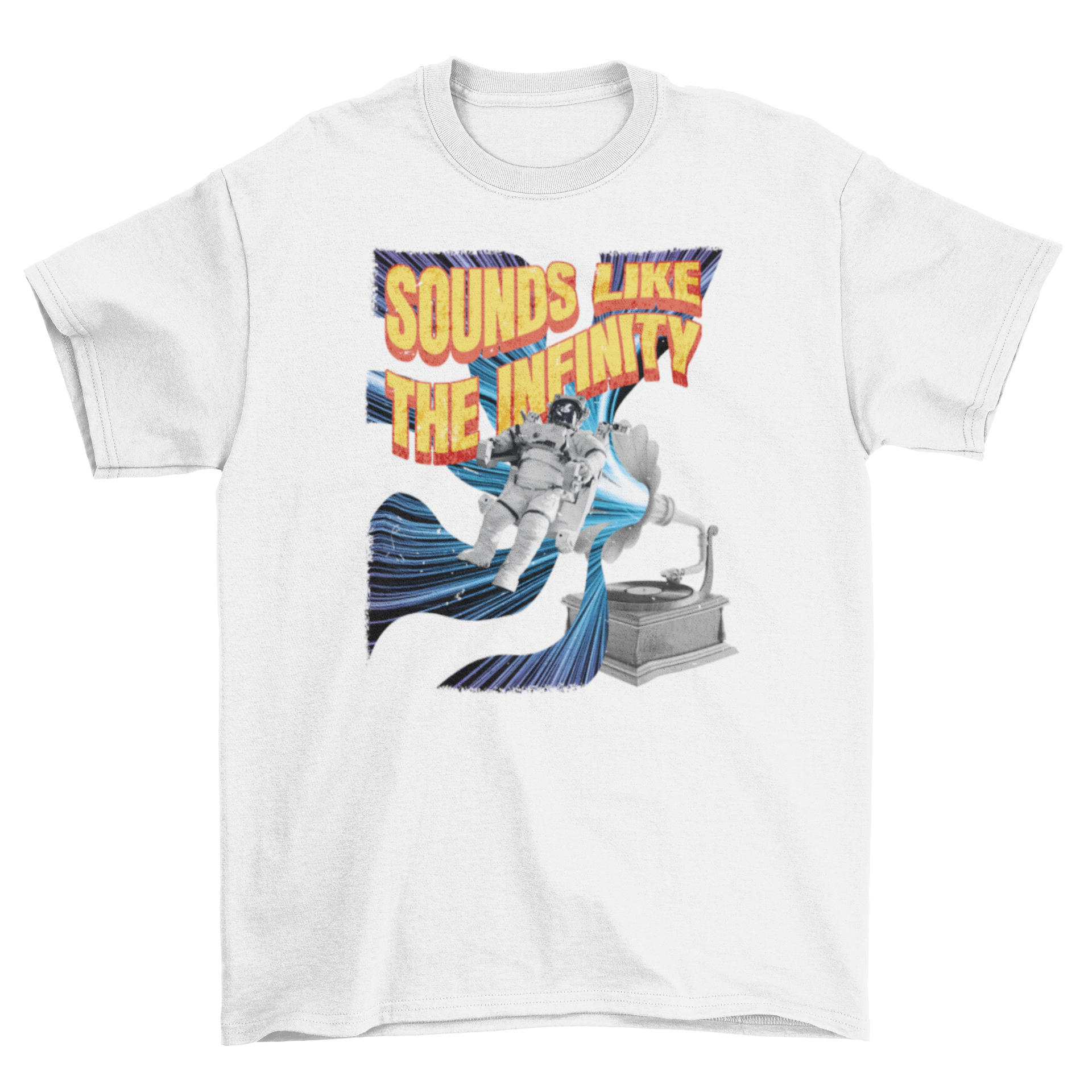 Amazing t-shirt featuring a gramophone and astronaut with the quote Sounds like the infinity, showcasing a creative design.