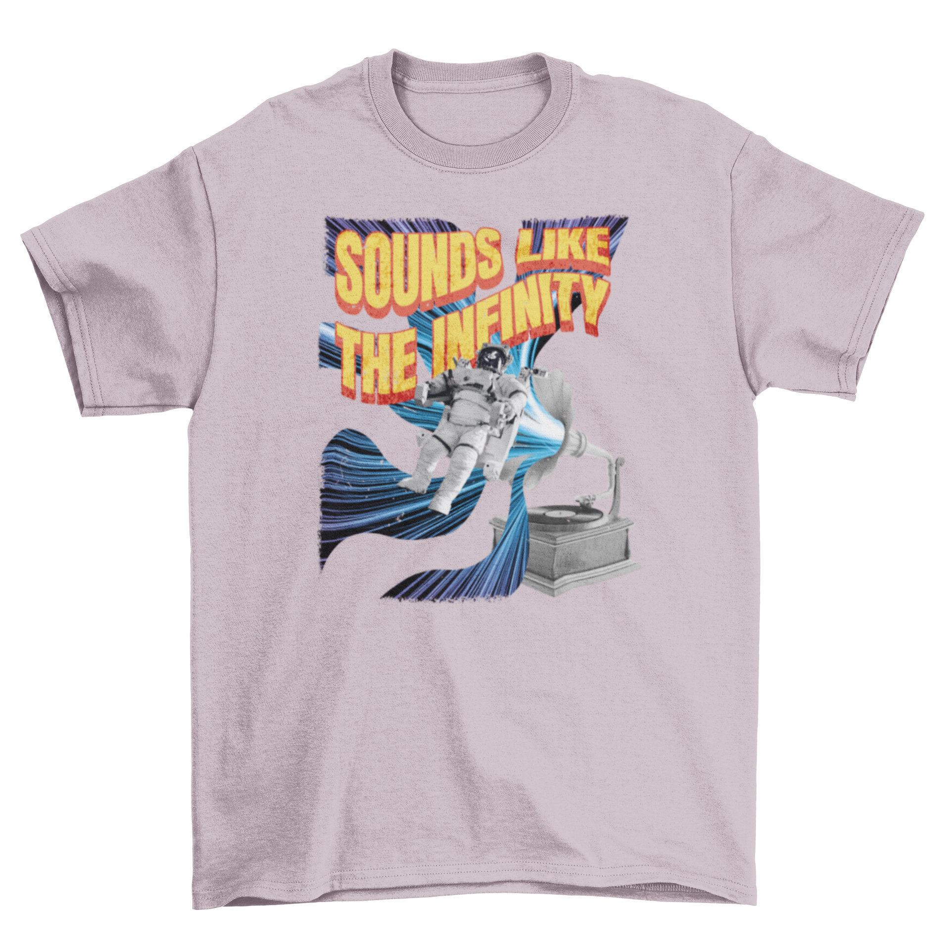 Amazing t-shirt featuring a gramophone and astronaut with the quote Sounds like the infinity, showcasing a creative design.