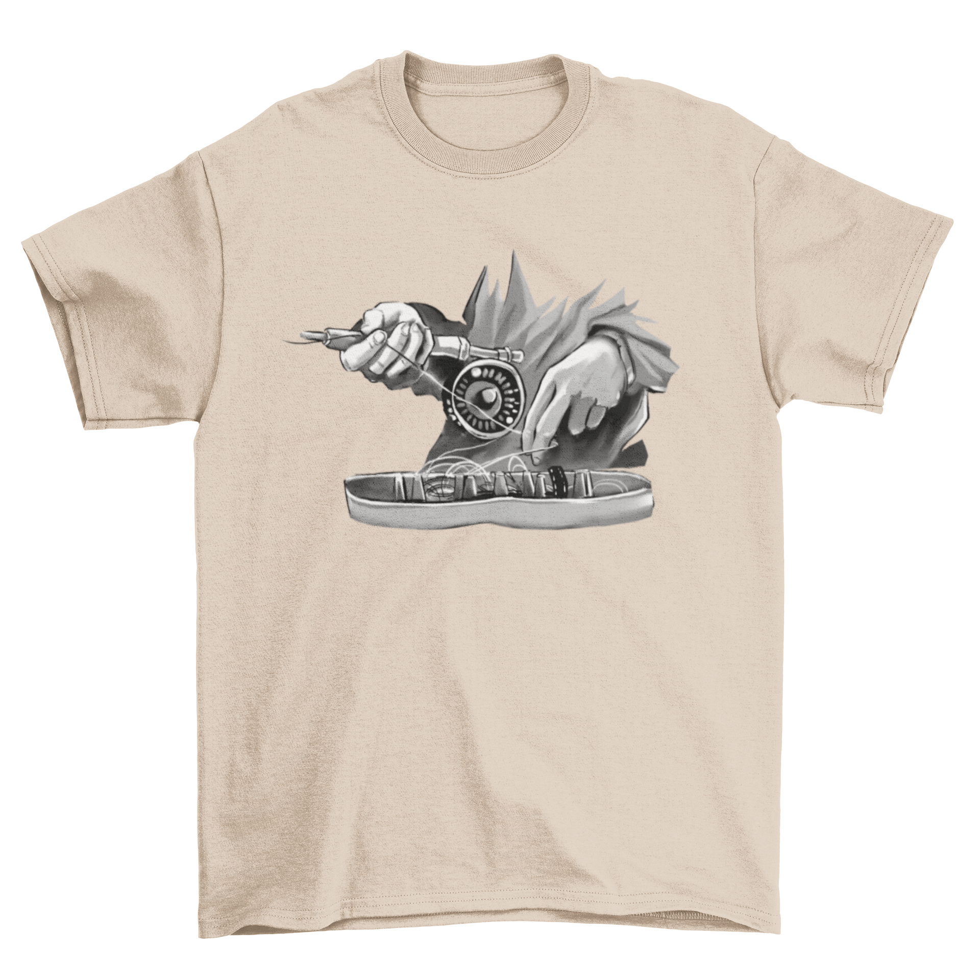 Monochromatic t-shirt featuring hands holding a fishing rod, perfect for fishing enthusiasts.