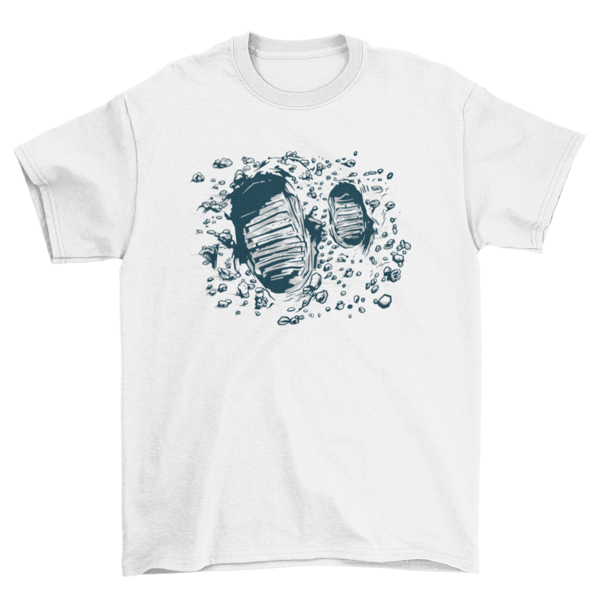 A stylish t-shirt featuring a large and small footprint design on the moon, perfect for space lovers.