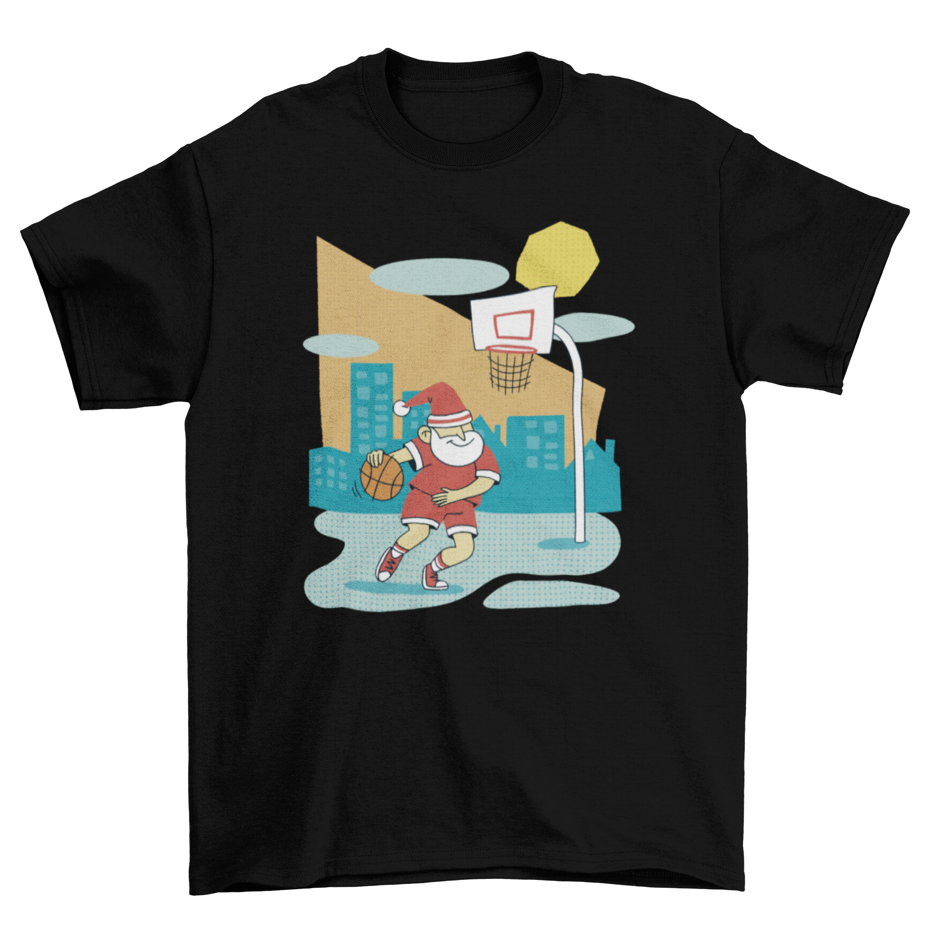 A vibrant cartoon-style t-shirt featuring Santa Claus playing basketball, showcasing a fun and festive design.