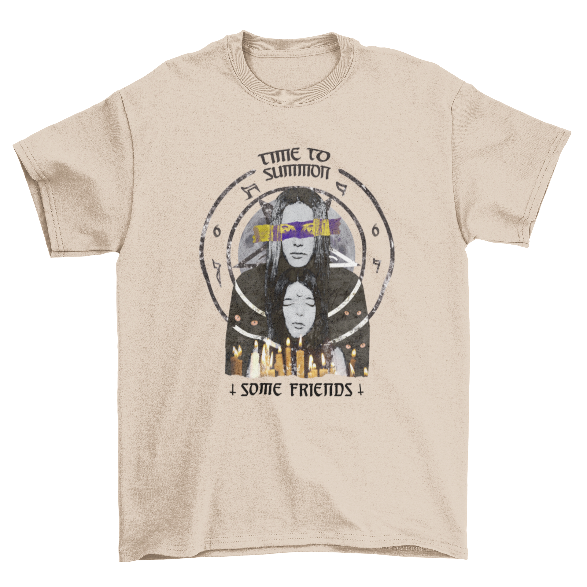 A stylish black t-shirt featuring a collage of satanic elements and the quote 'Time to summon some friends' in bold lettering.