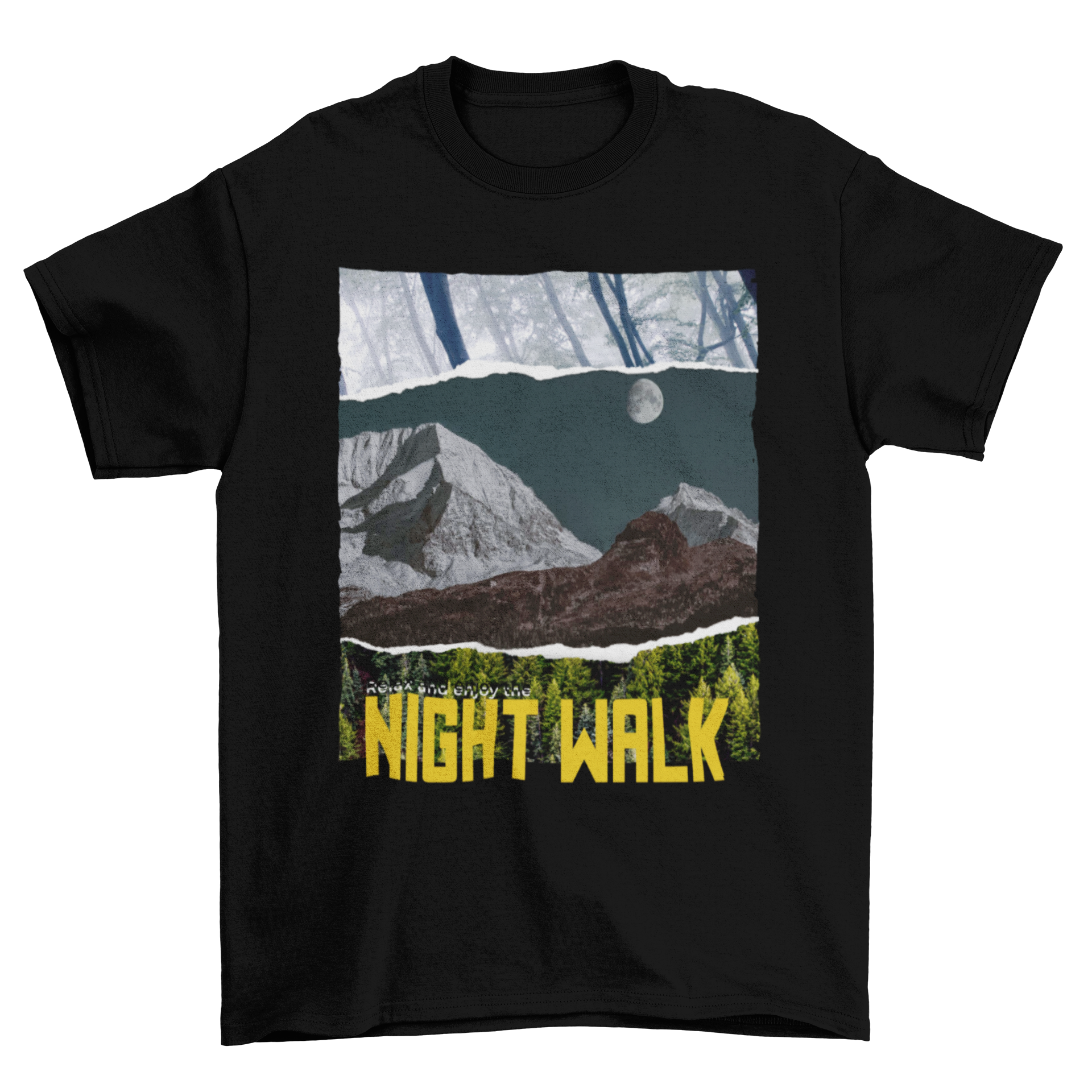 A stylish t-shirt featuring a mountain design and the quote 'NIGHT WALK', perfect for nature enthusiasts.