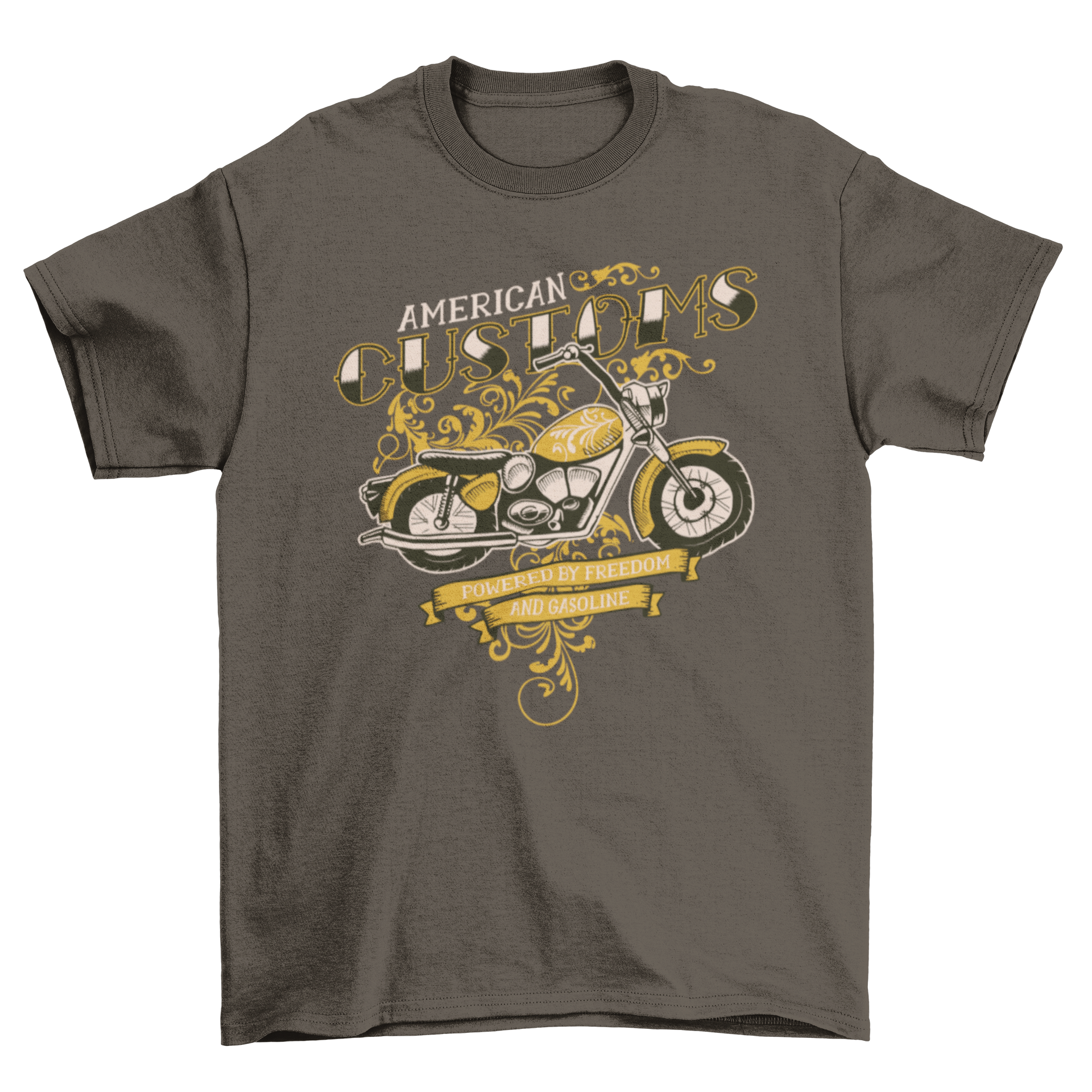 American customs motorcycle t-shirt featuring a detailed illustration of a classic motorcycle on a stylish fabric.
