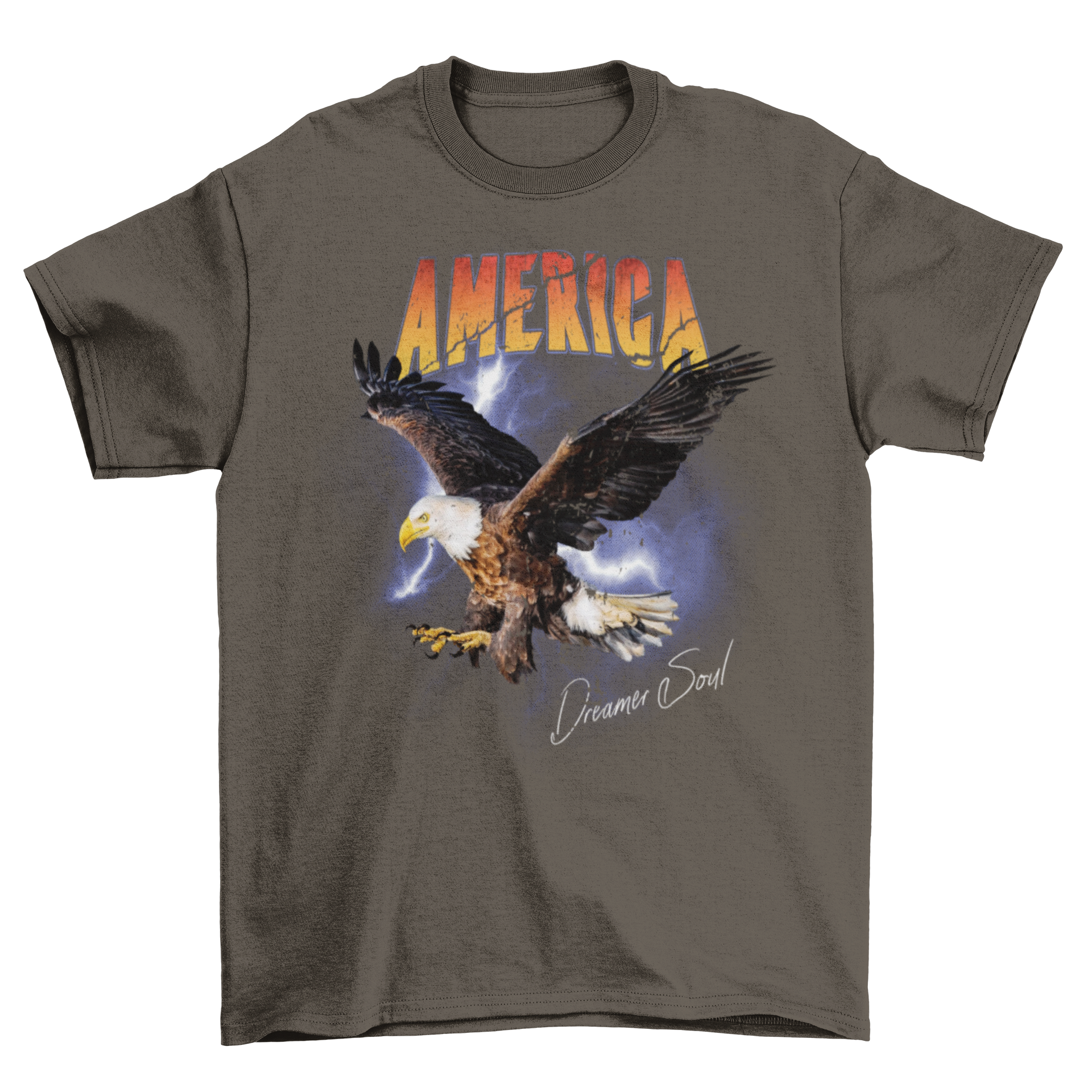 A vibrant t-shirt featuring an eagle flying through a thunderstorm with the quote 'America dreamer soul'.