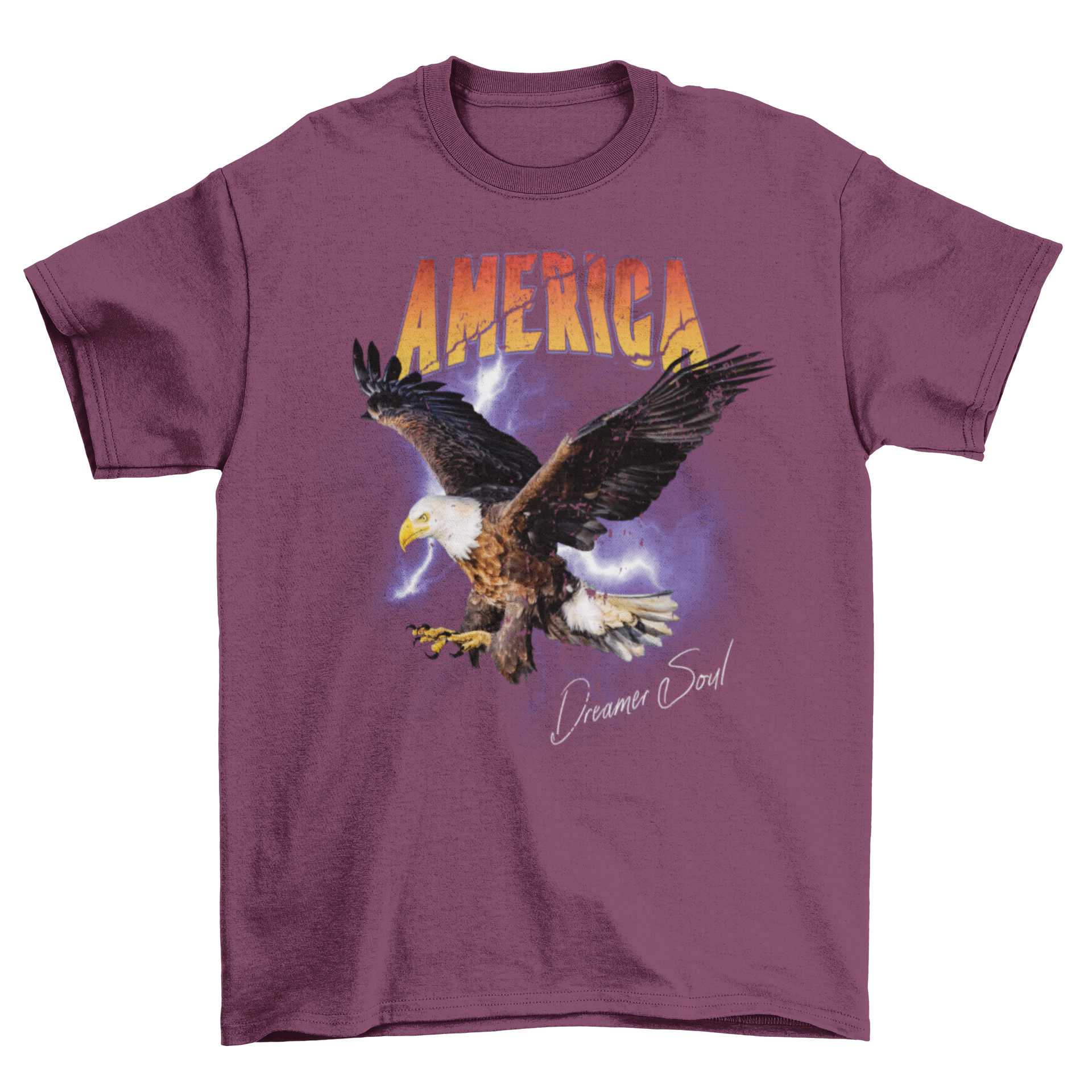 A vibrant t-shirt featuring an eagle flying through a thunderstorm with the quote 'America dreamer soul'.