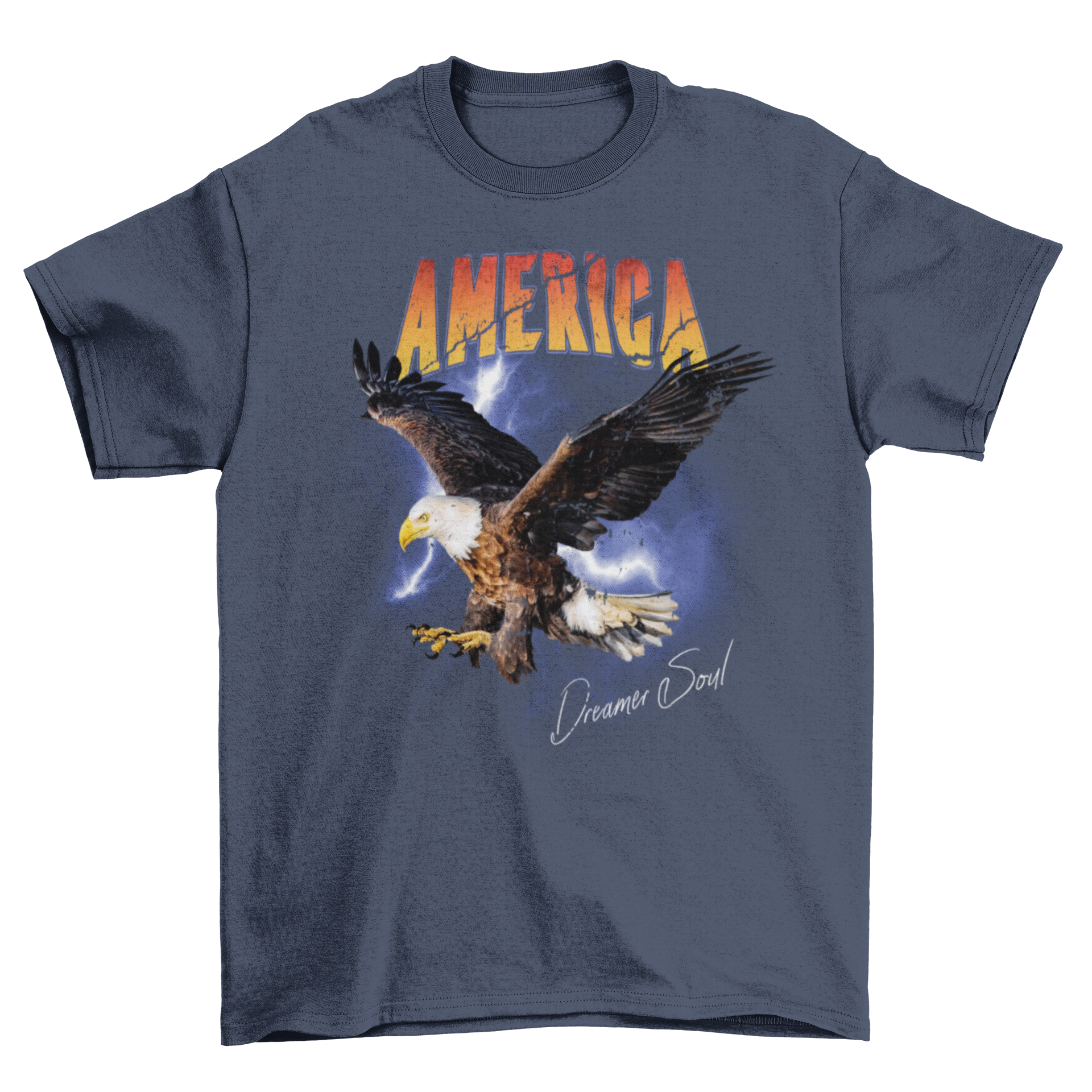 A vibrant t-shirt featuring an eagle flying through a thunderstorm with the quote 'America dreamer soul'.