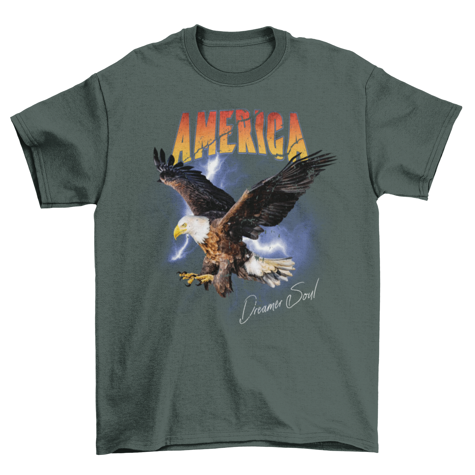 A vibrant t-shirt featuring an eagle flying through a thunderstorm with the quote 'America dreamer soul'.