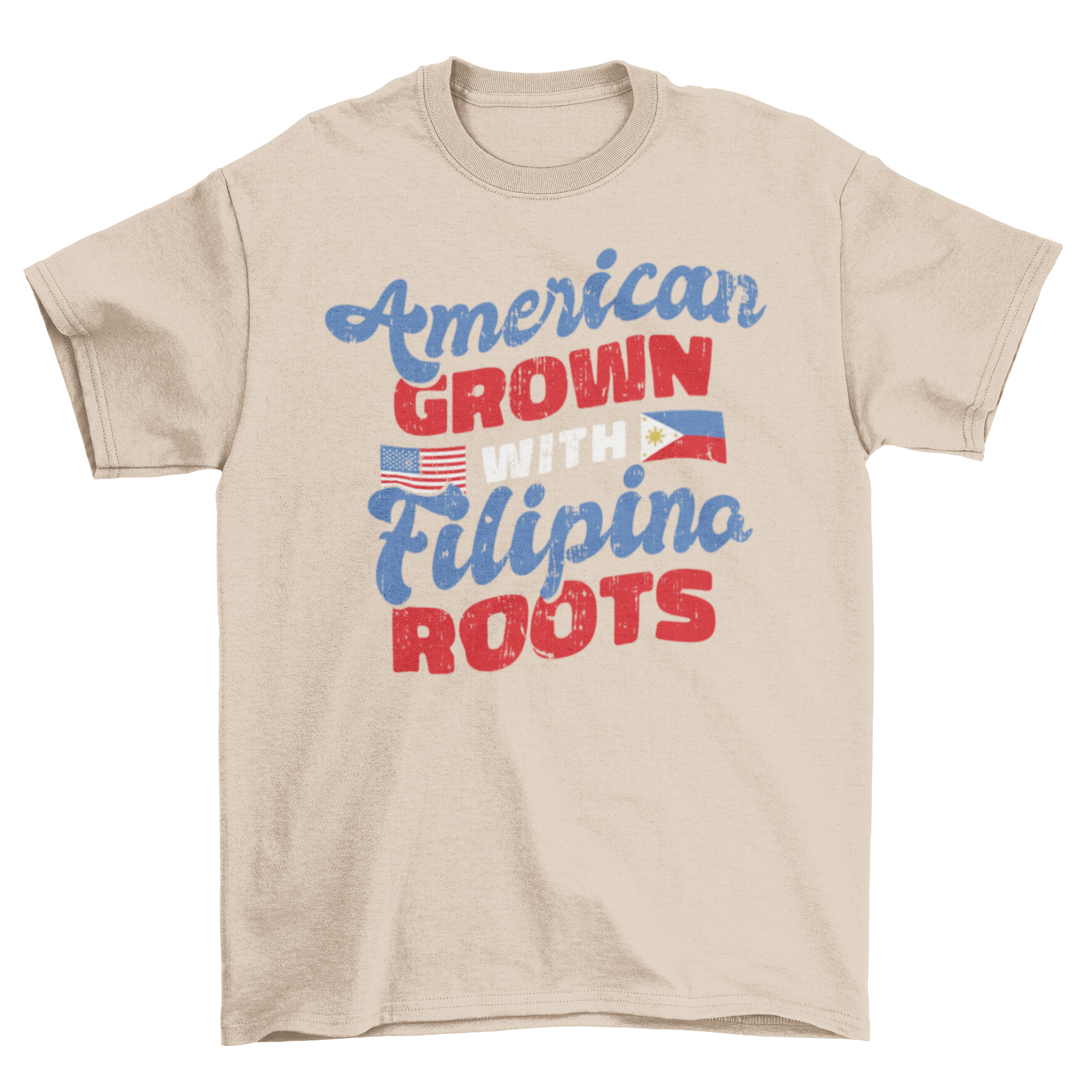 American Filipino T-shirt featuring the quote 'American grown with Filipino roots' in stylish typography.