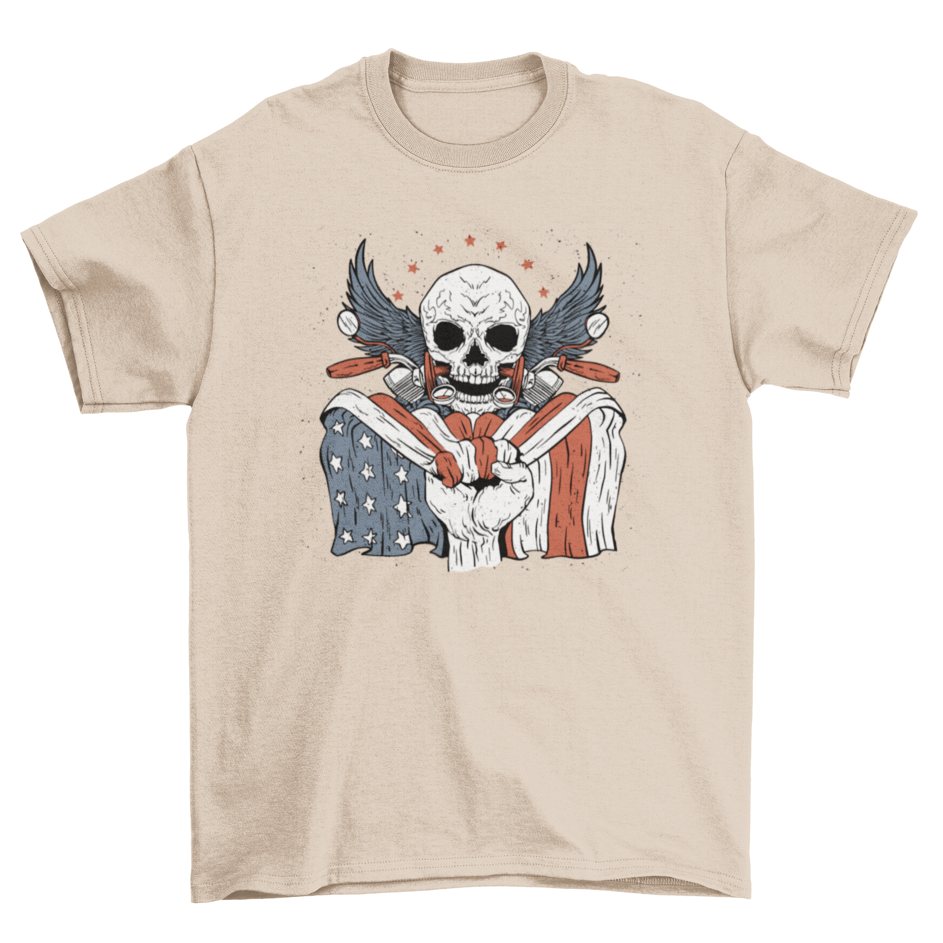 American flag and skull t-shirt featuring a bold graphic design of a skull holding an American flag.